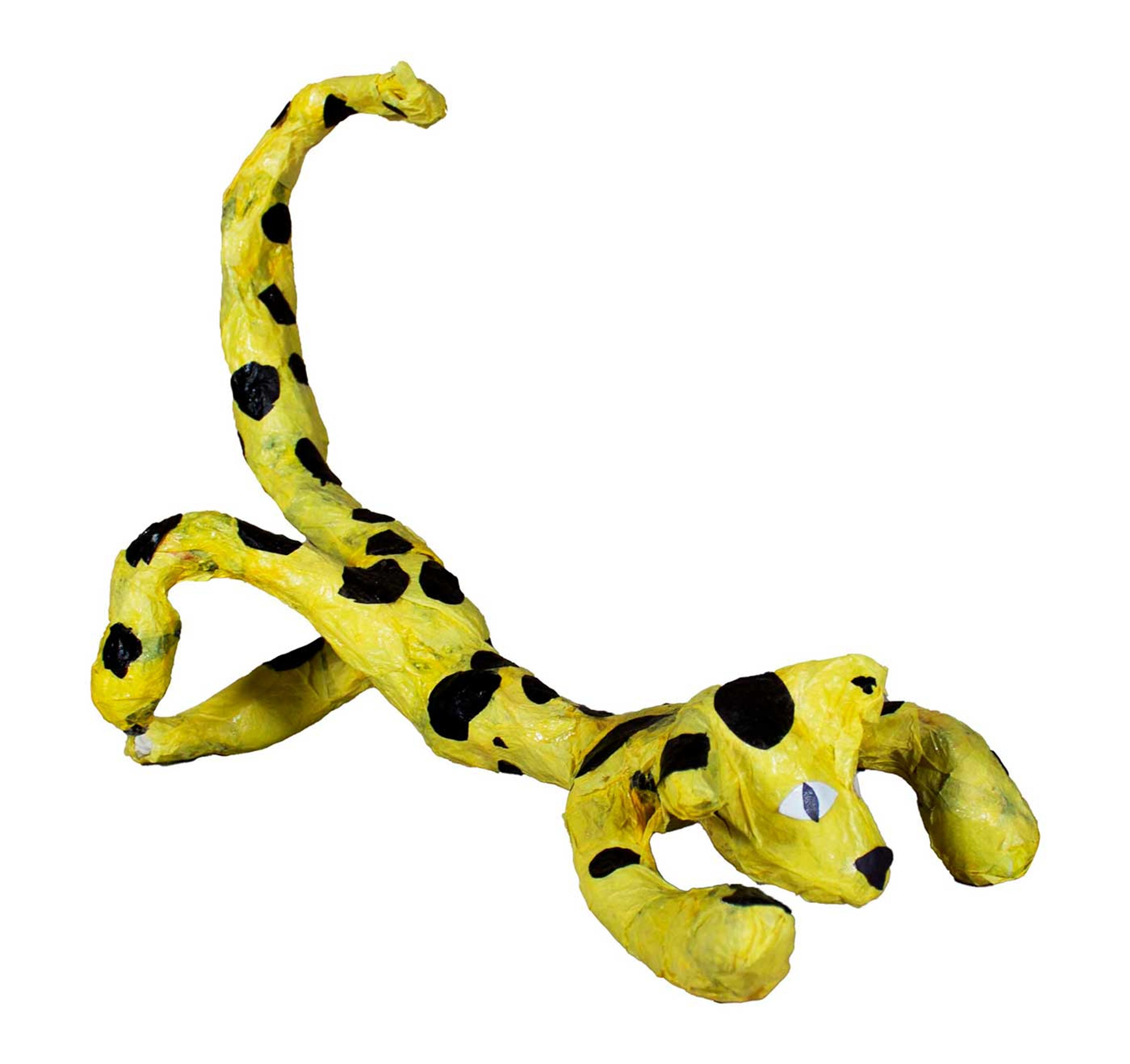 Mixed-media sculpture of a yellow cheetah with brown spots.