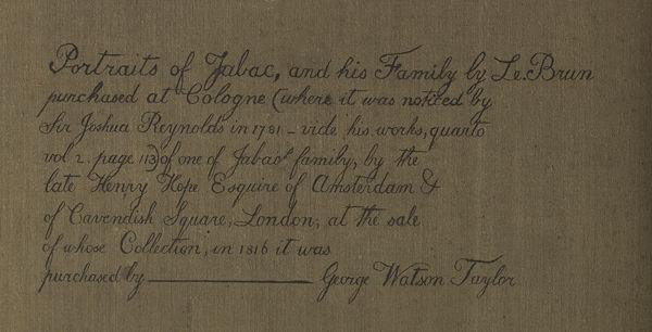 Charles Le Brun (French, 1619–1690) | Everhard Jabach (1618–1695) and His Family | 2014.250; inscription on the reverse of the lining canvas