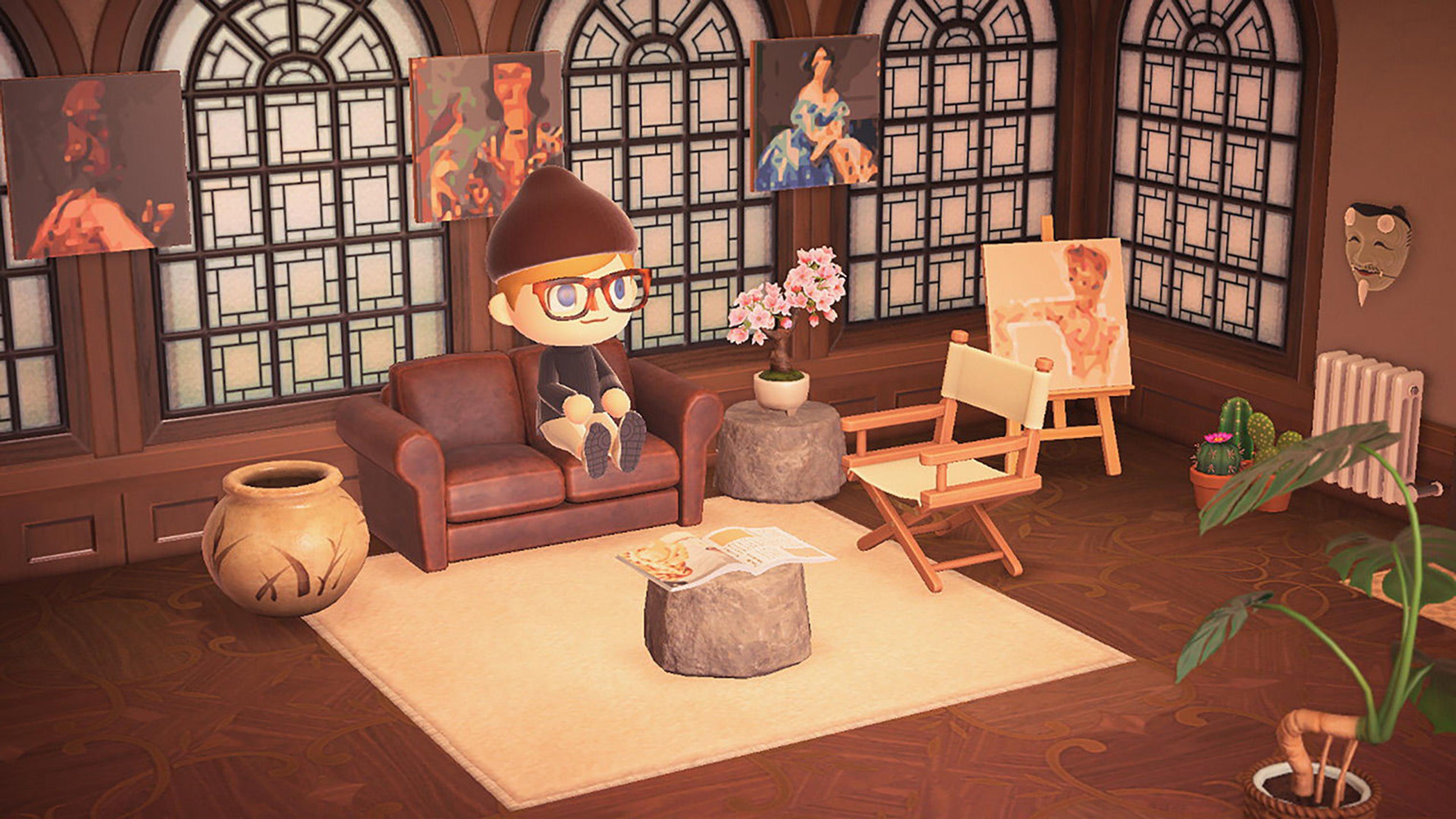 A screenshot from Animal Crossing depicting a living room filled with art