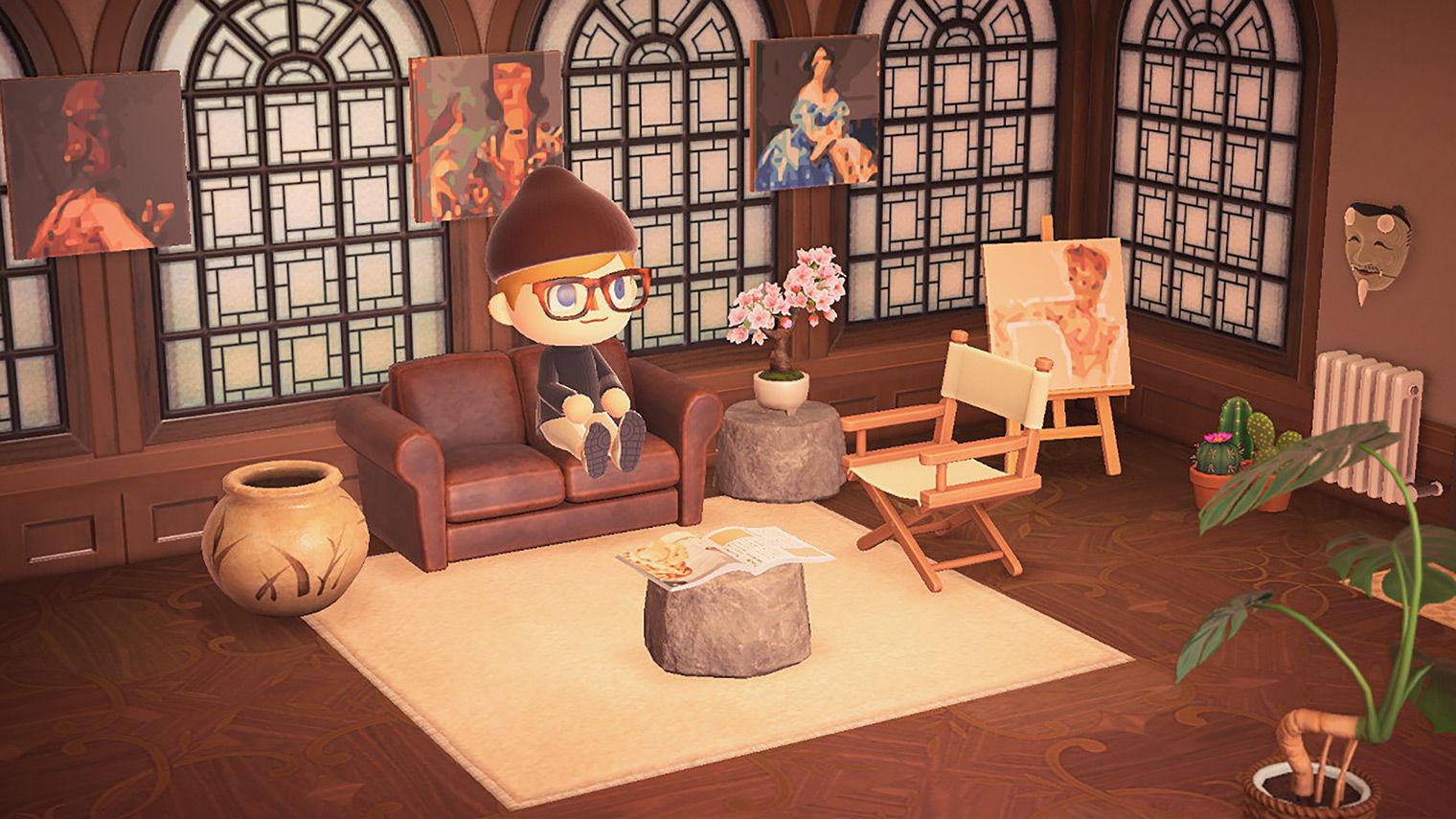 A screenshot from Animal Crossing depicting a living room filled with art