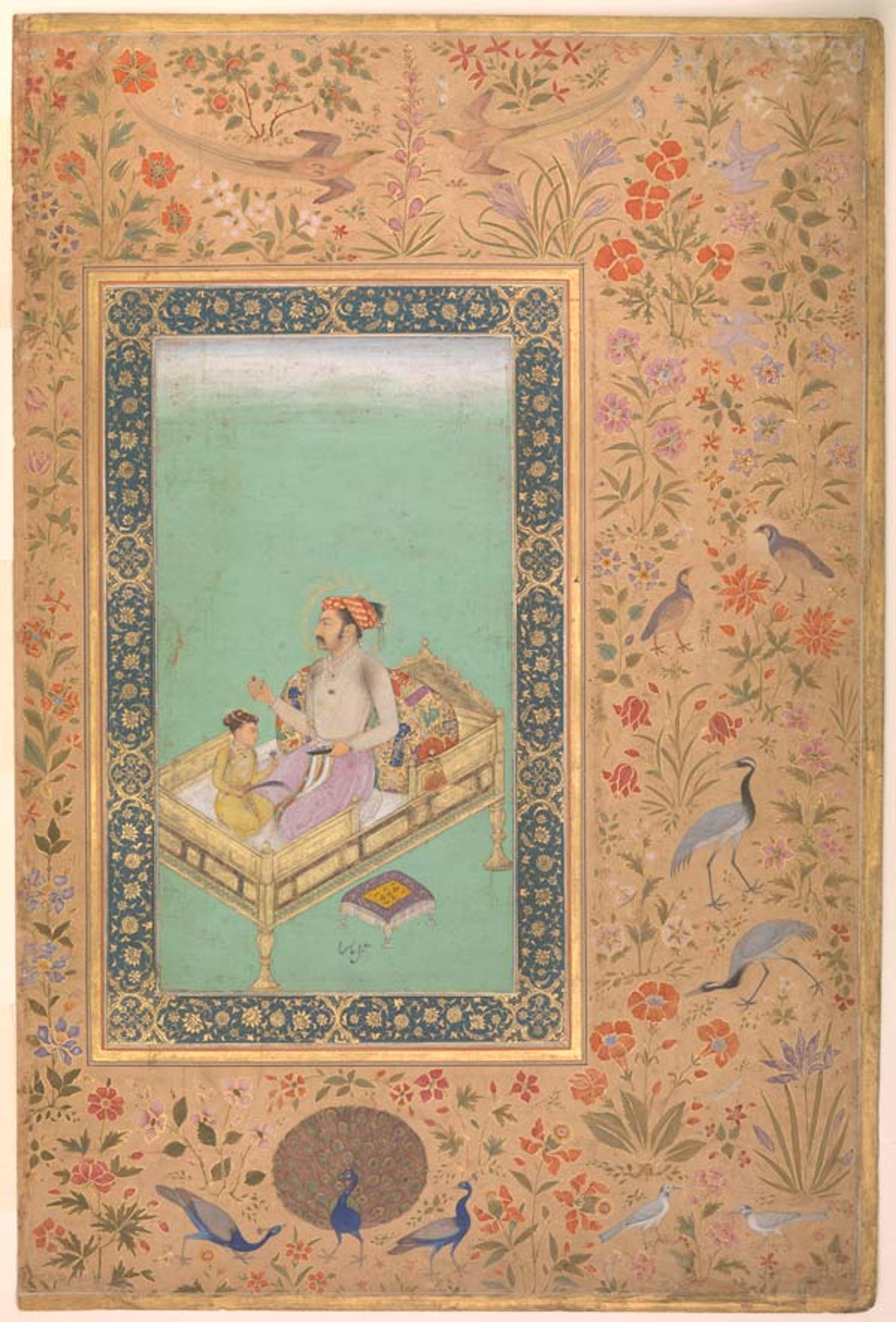 "The Emperor Shah Jahan with his Son Dara Shikoh", Folio from the Shah Jahan Album. Painting by Nanha, calligrapher Mir 'Ali Haravi (d. ca.1550). Verso: ca. 1620; recto: ca. 1530–50. India. Ink, opaque watercolor, and gold on paper; H. 15 5/16 in. (38.9 cm) x W. 10 5/16 in. (26.2 cm). The Metropolitan Museum of Art, New York, Purchase, Rogers Fund and The Kevorkian Foundation Gift, 1955 (55.121.10.36)