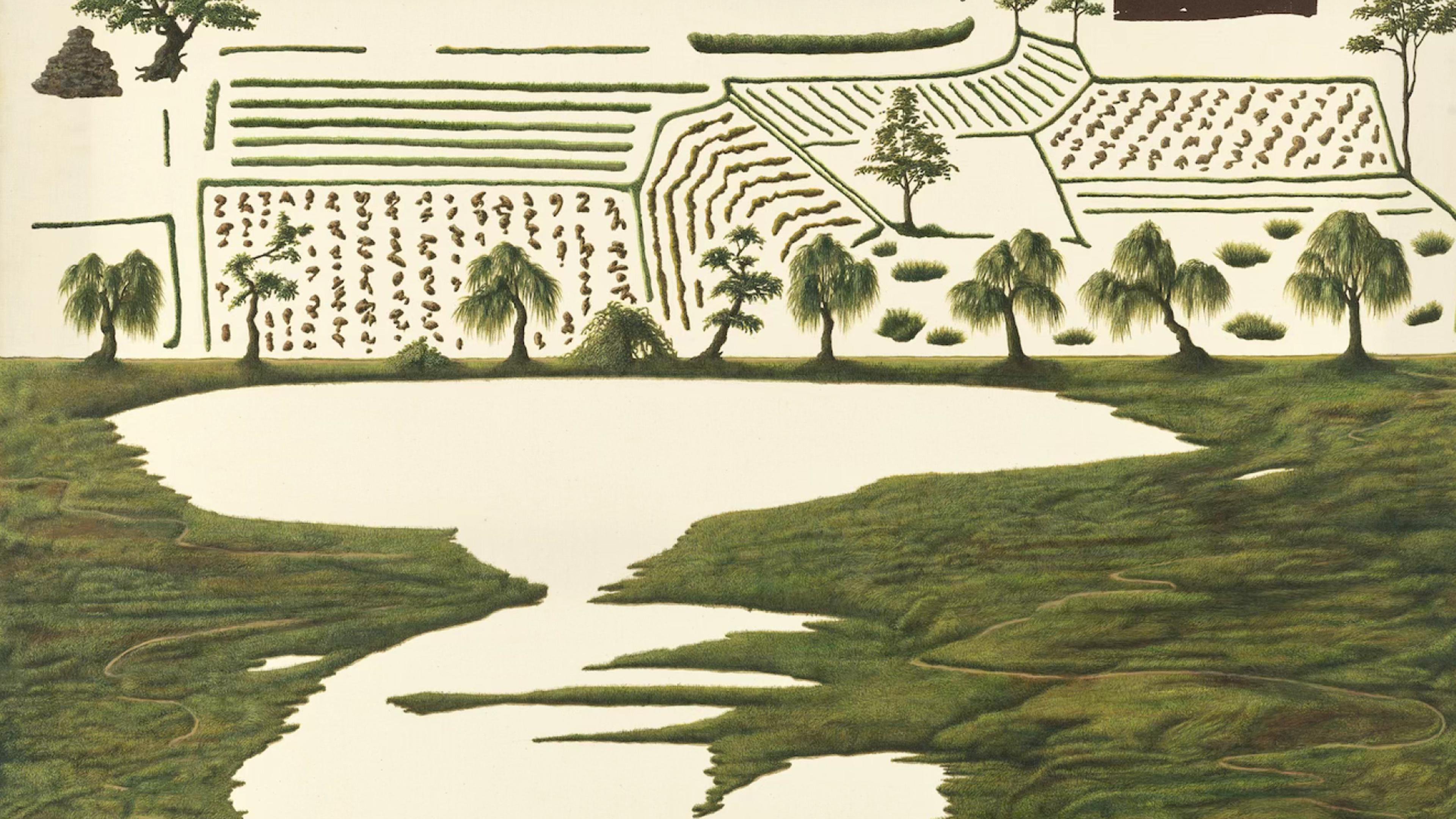 A green landscape with an irregularly shaped body of water in the center. Trees with sloping branches and leaves line the background.