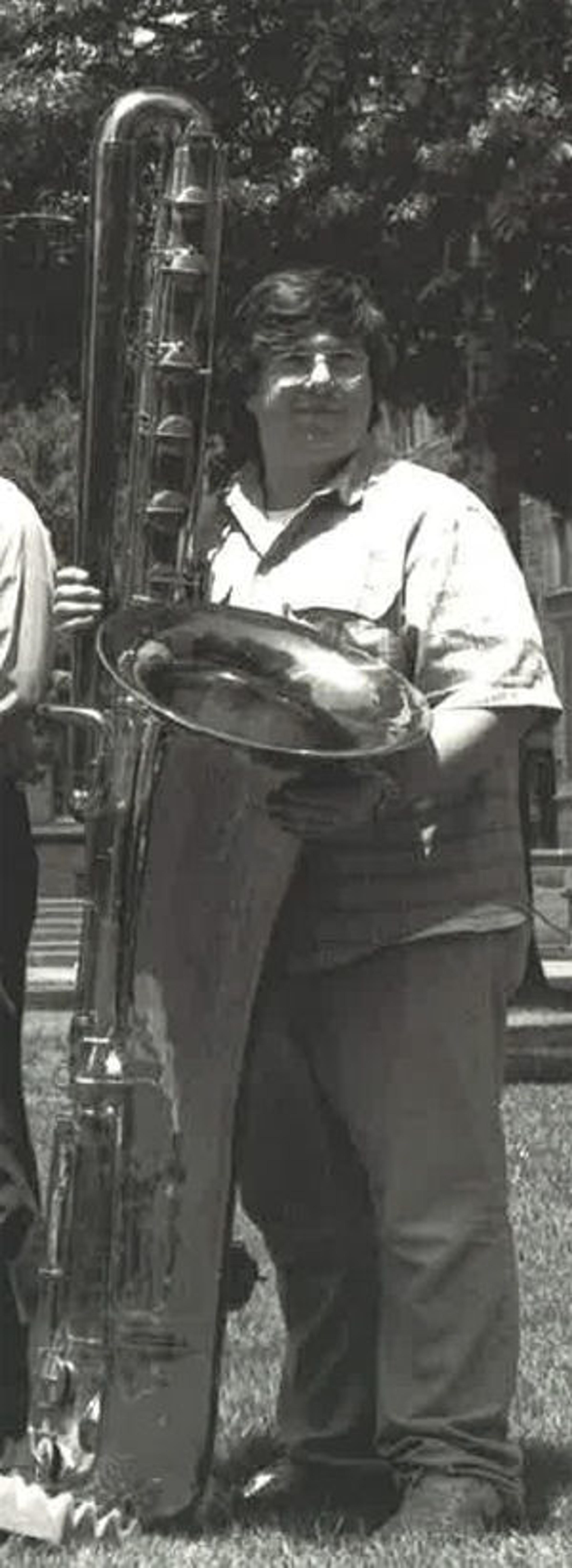 The author poses with his contrabass saxophone before a concert at Yale University. Photo courtesy of the author