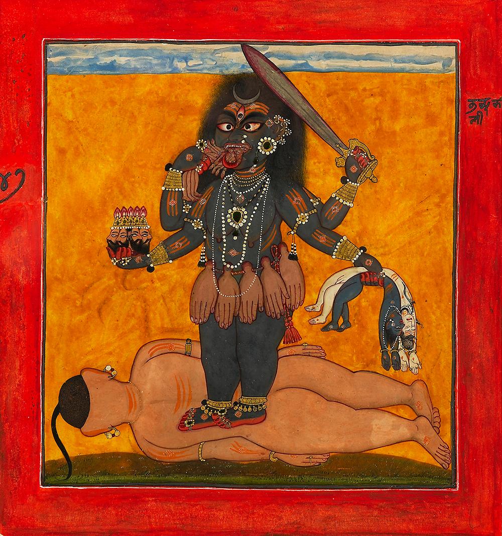 Painting of a bejeweled goddess, wearing and holding human body parts and standing atop a nude figure. Her red eyes and fanged teeth suggest wrath.
