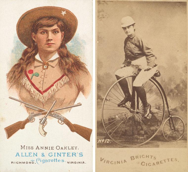 Two 1887 sports cards, one featuring a drawing of Annie Oakley (left) and a photograph featuring a woman riding an antique bicycle (right)