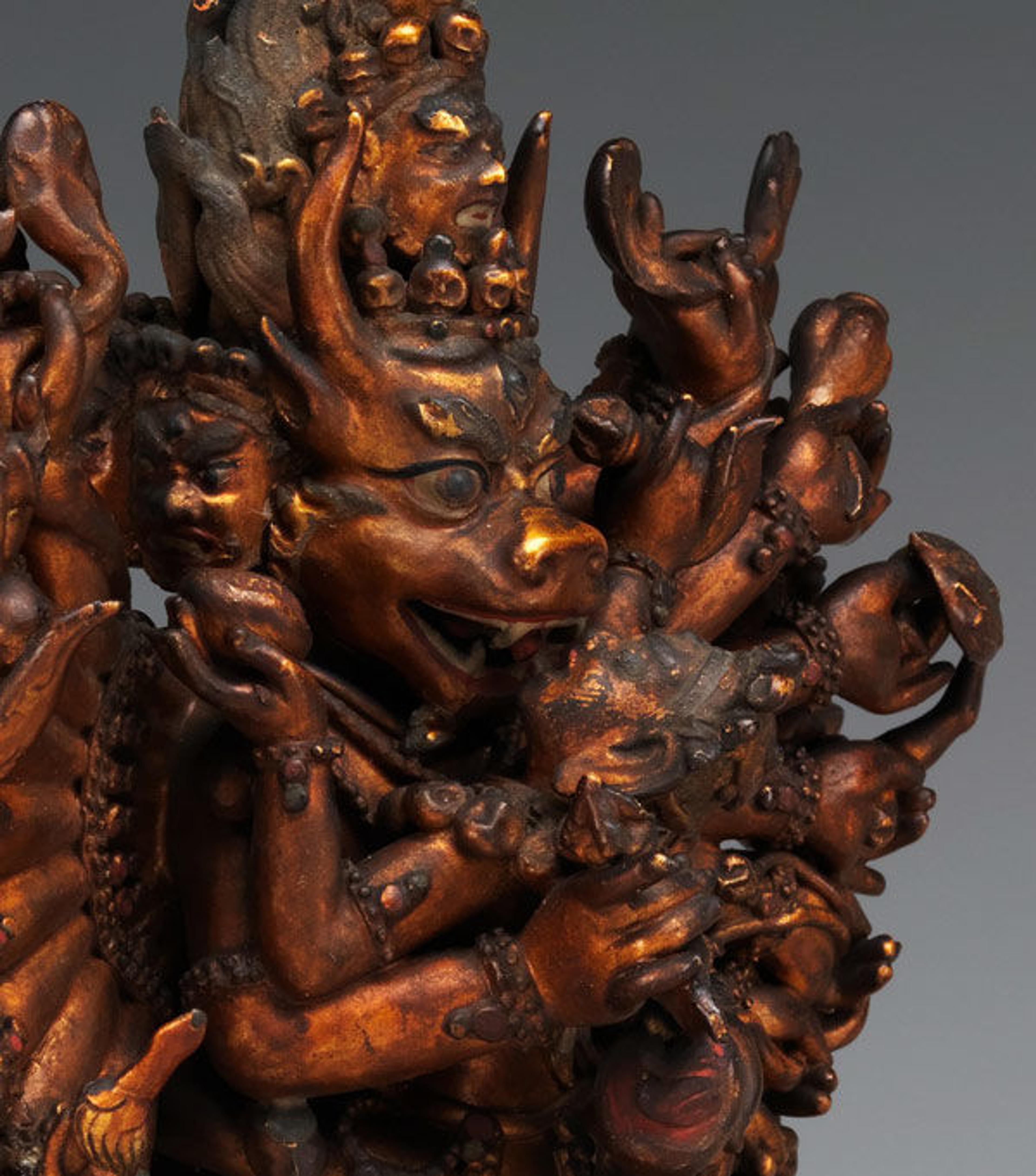 Vajrabhairava with His Consort Vajravetali (detail), 18th–19th century. Mongolia. Tung oil stucco, wood, gold, cinnabar, and other pigments; 7 1/2 x 6 in. (19.1 x 15.2 cm). The Metropolitan Museum of Art, New York, Bequest of Kate Read Blacque, in memory of her husband, Valentine Alexander Blacque, by exchange, 1948 (48.30.14)