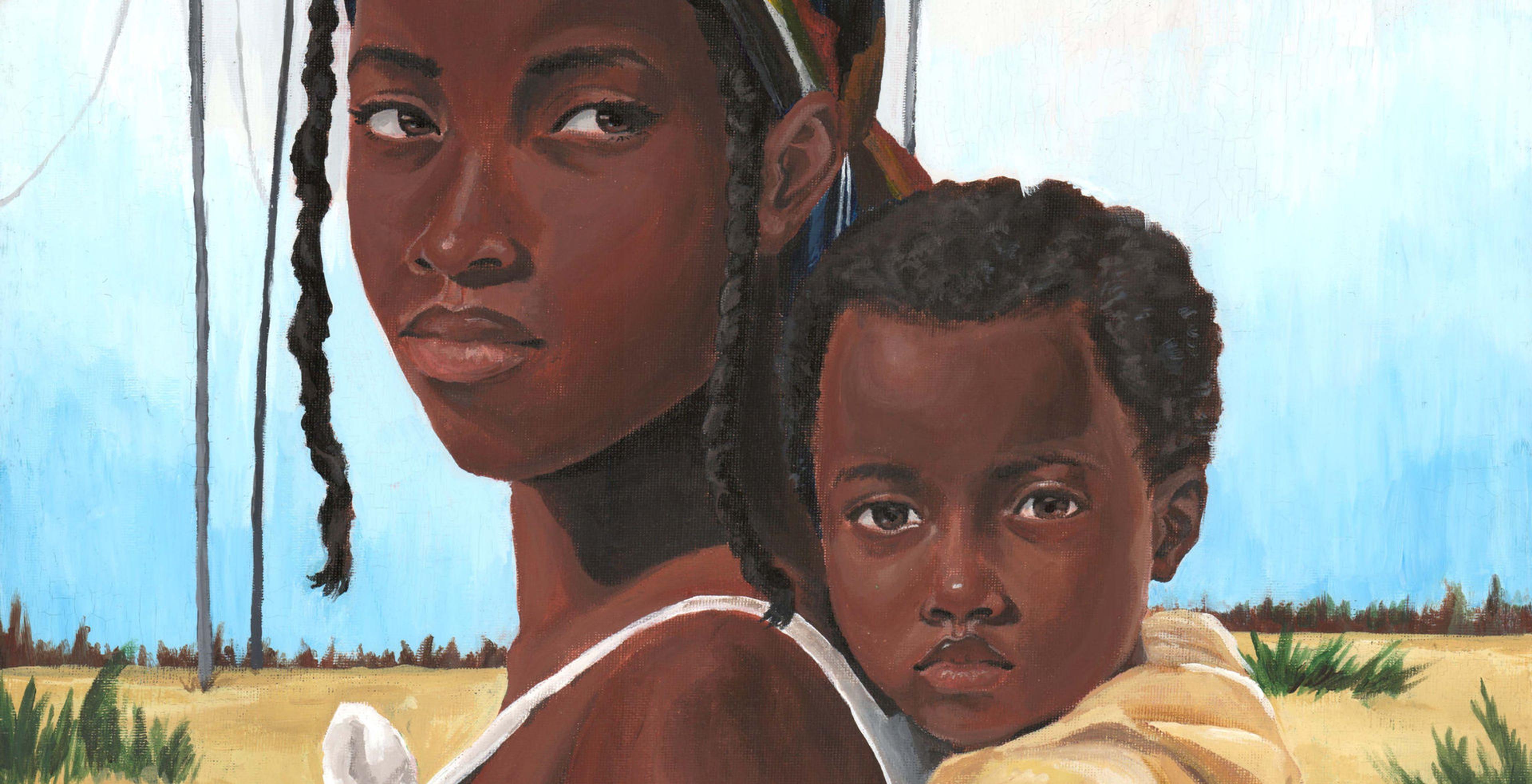 Painting of a young woman with a baby on her back looking into the distance.