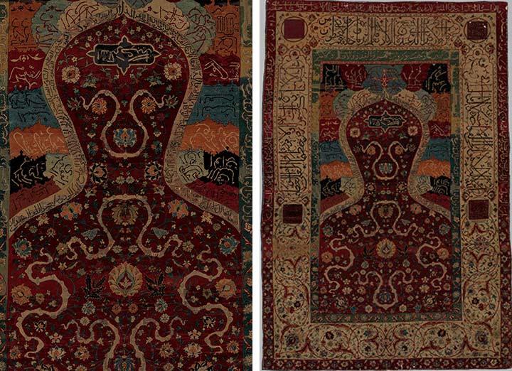 Medallion on left with large shape resembling a person's head and shoulders, rug on right