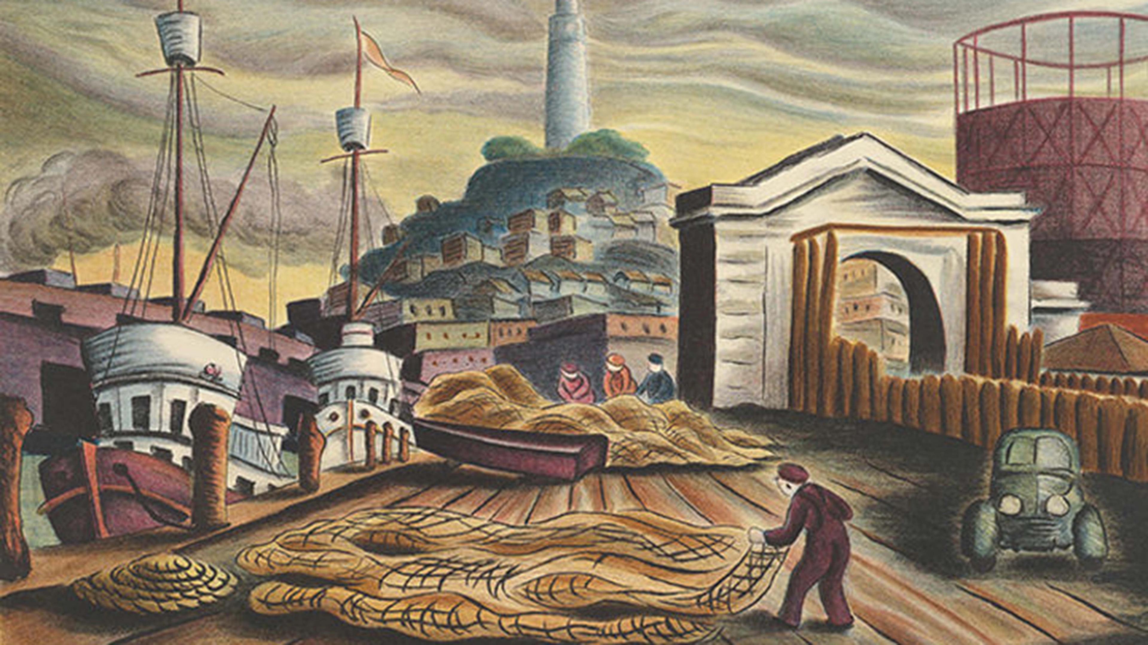 A worker arranges rope on a dock with ships, buildings, and a hilltop lighthouse in the background; people and a tractor are also visible