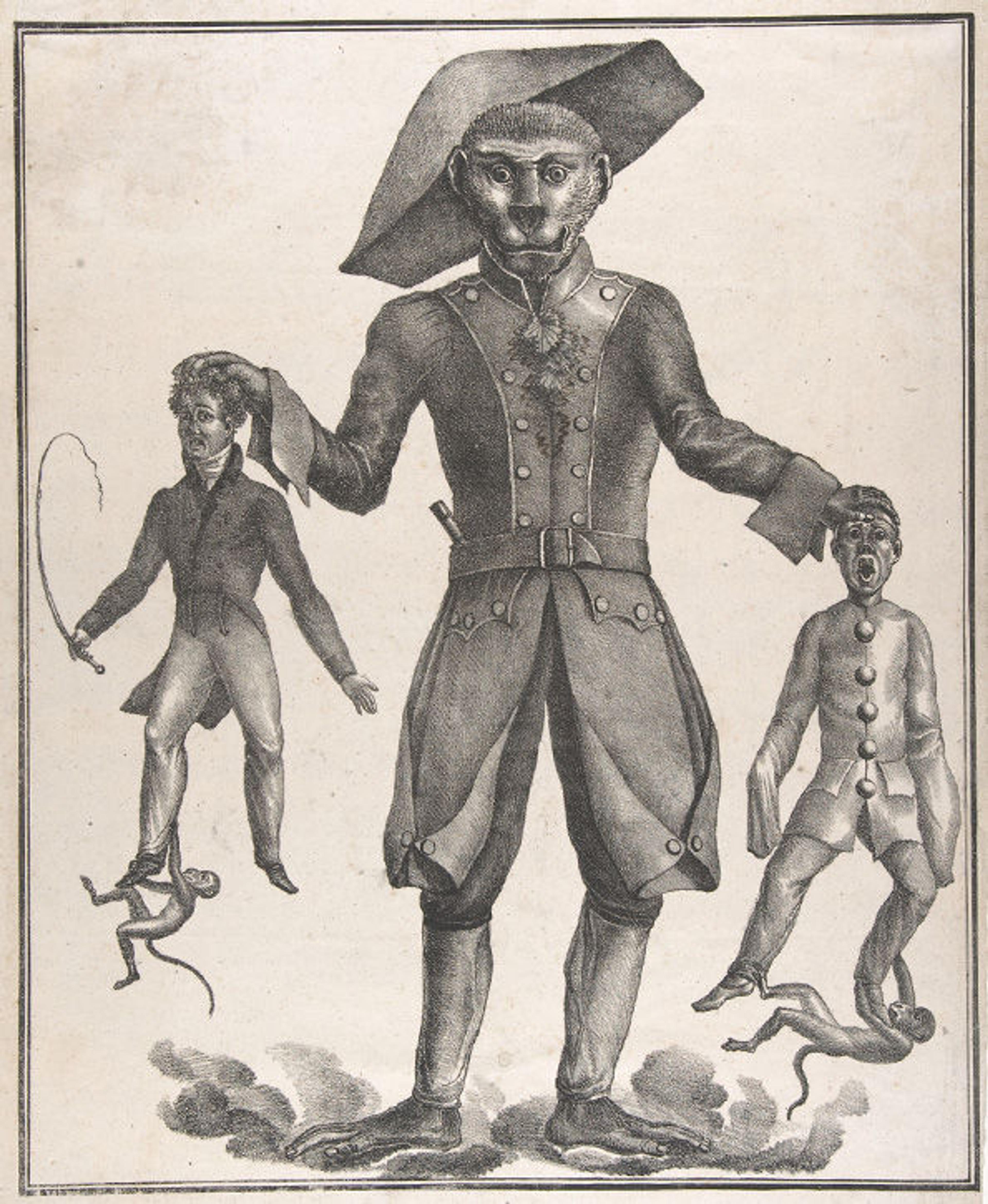 A Giant Monkey in Uniform Holding up Pierrot and a Man with a Whip | after 1825 | 1990.1064.1