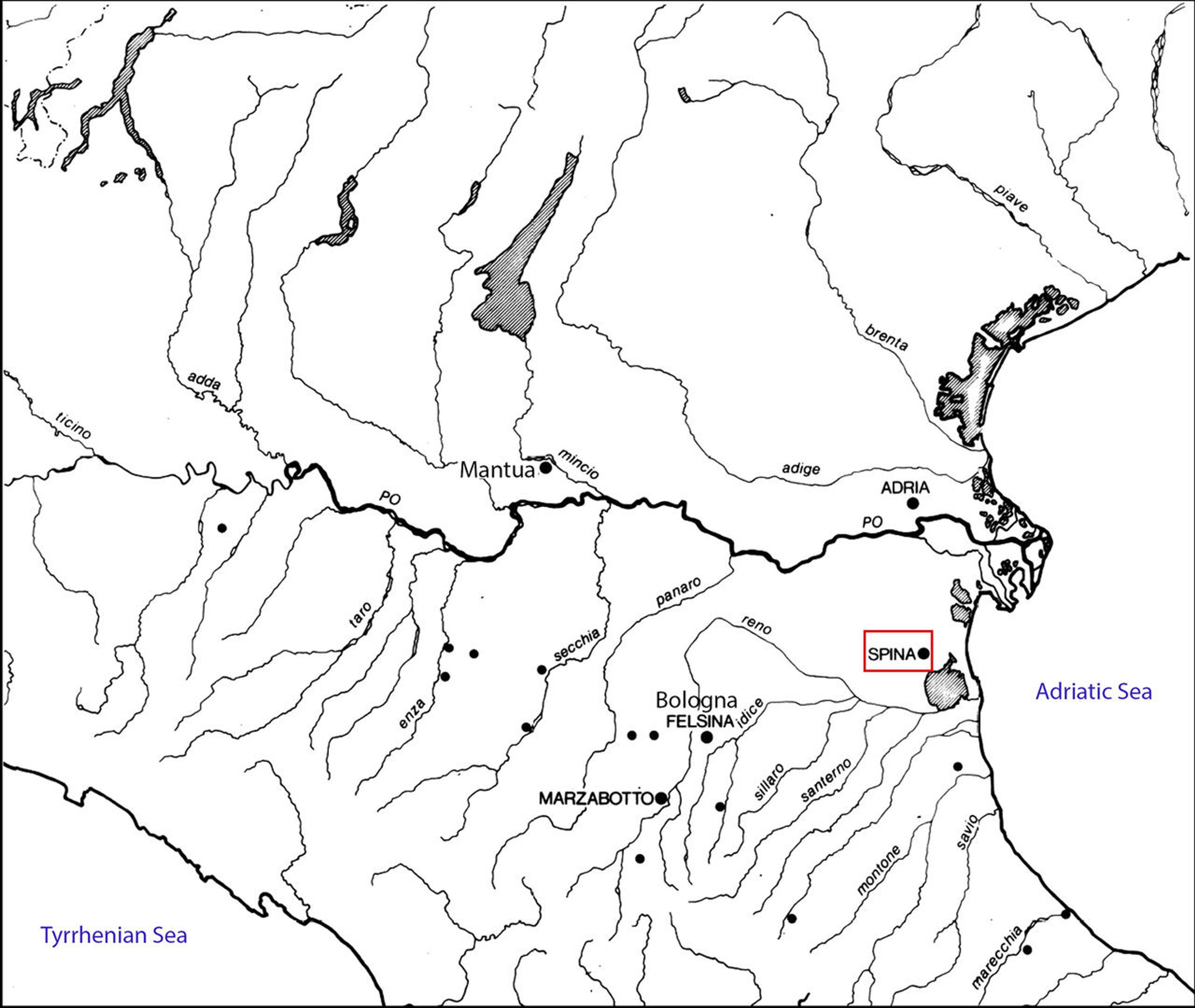 Black and white map of the area of northern Italy. Spina is marked on the map, and accentuated with a red box to highlight the settlement's location.