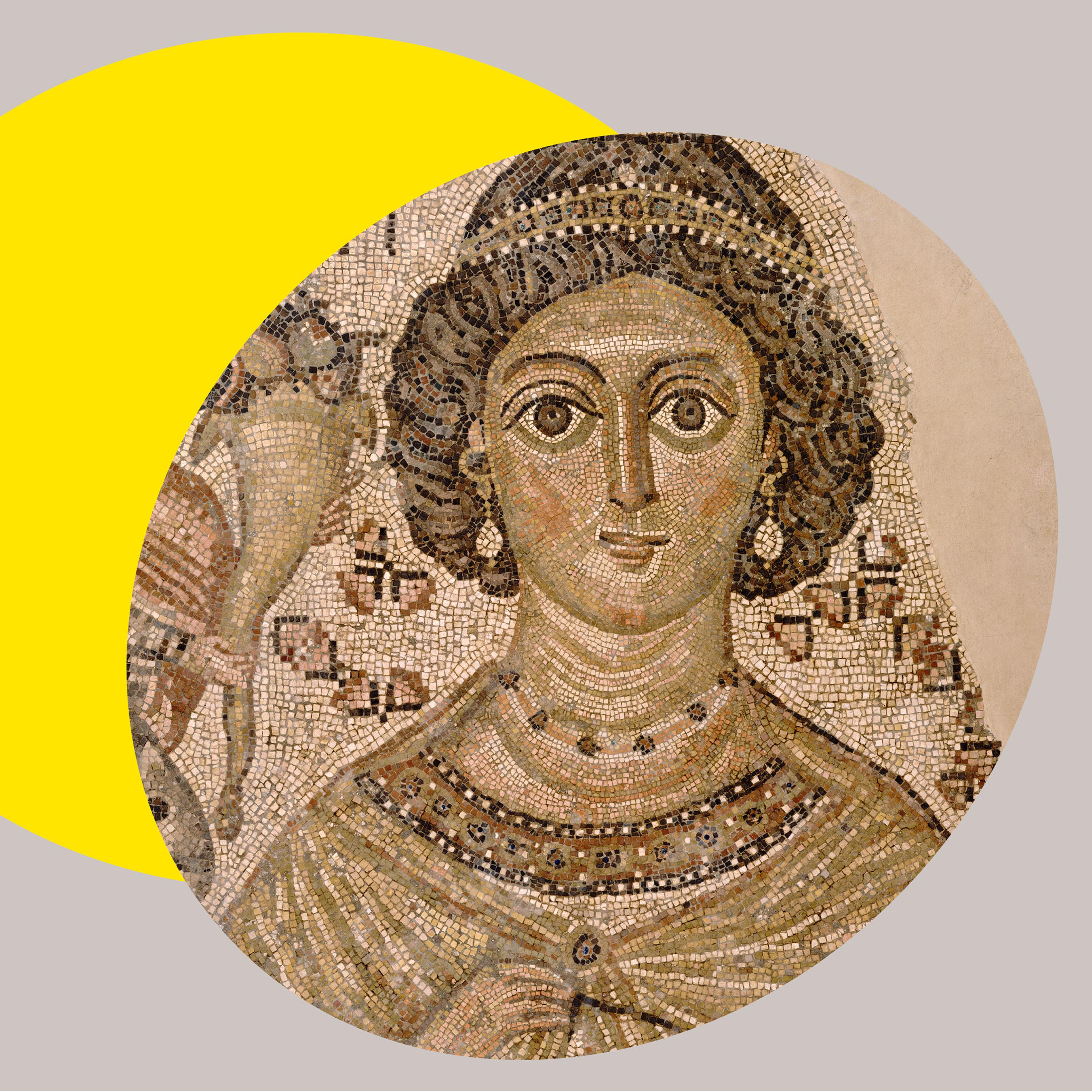 Brown and beige fragment of a floor mosaic with a brown-skinned woman with curly brown hair, a headpiece, and earrings set against a bright yellow ovular spotlight shape in the background.