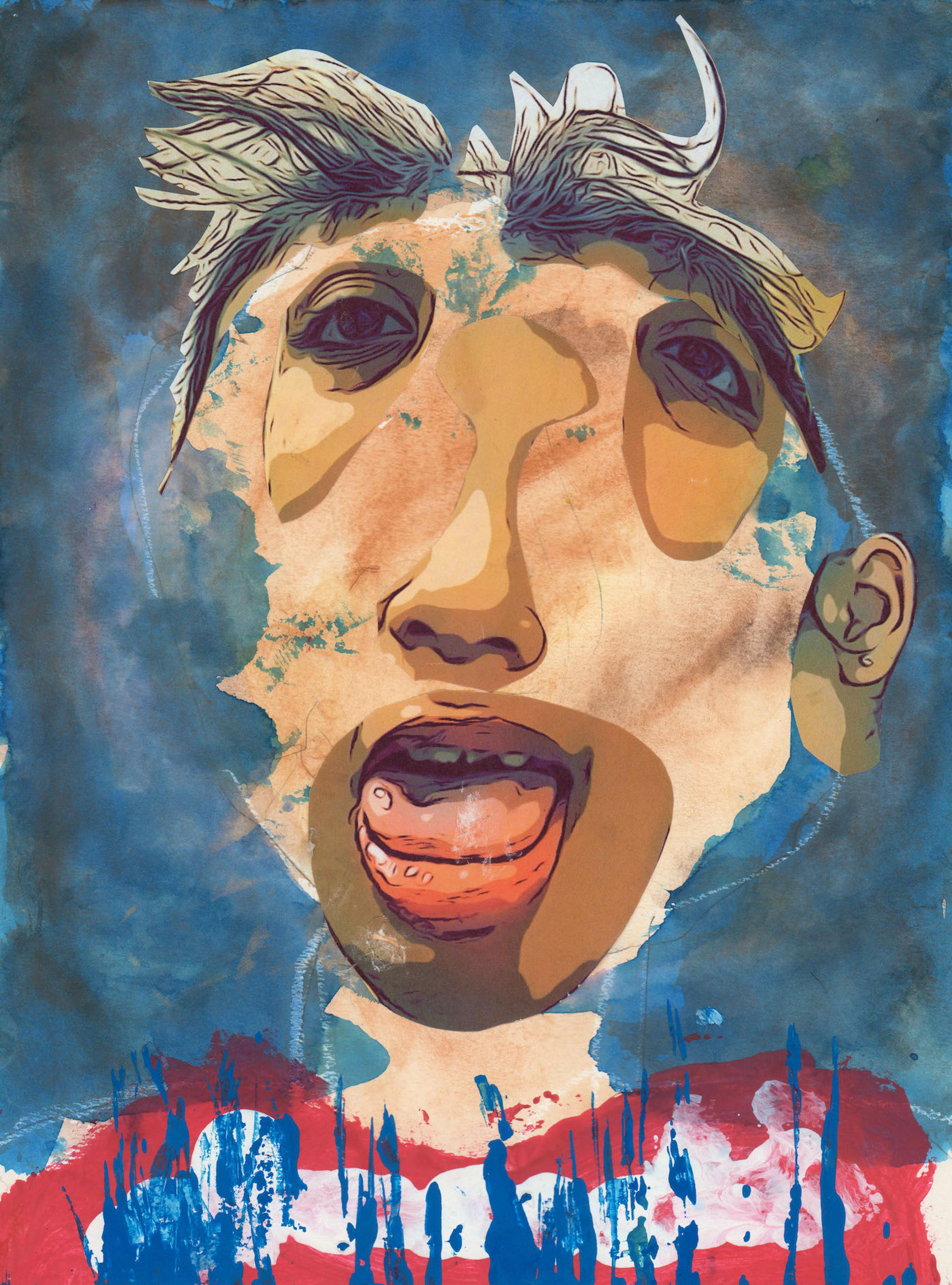 Mixed media self portrait of a young girl. She is shown with a light complexion and bristled dark hair atop her head. Her face is oval shaped and her mouth is opened with her tongue visible. She wears a red and white horizontally striped shirt crossed by a wide row of blue vertical paint strokes. The background of the image is a dark, cloudy blue.