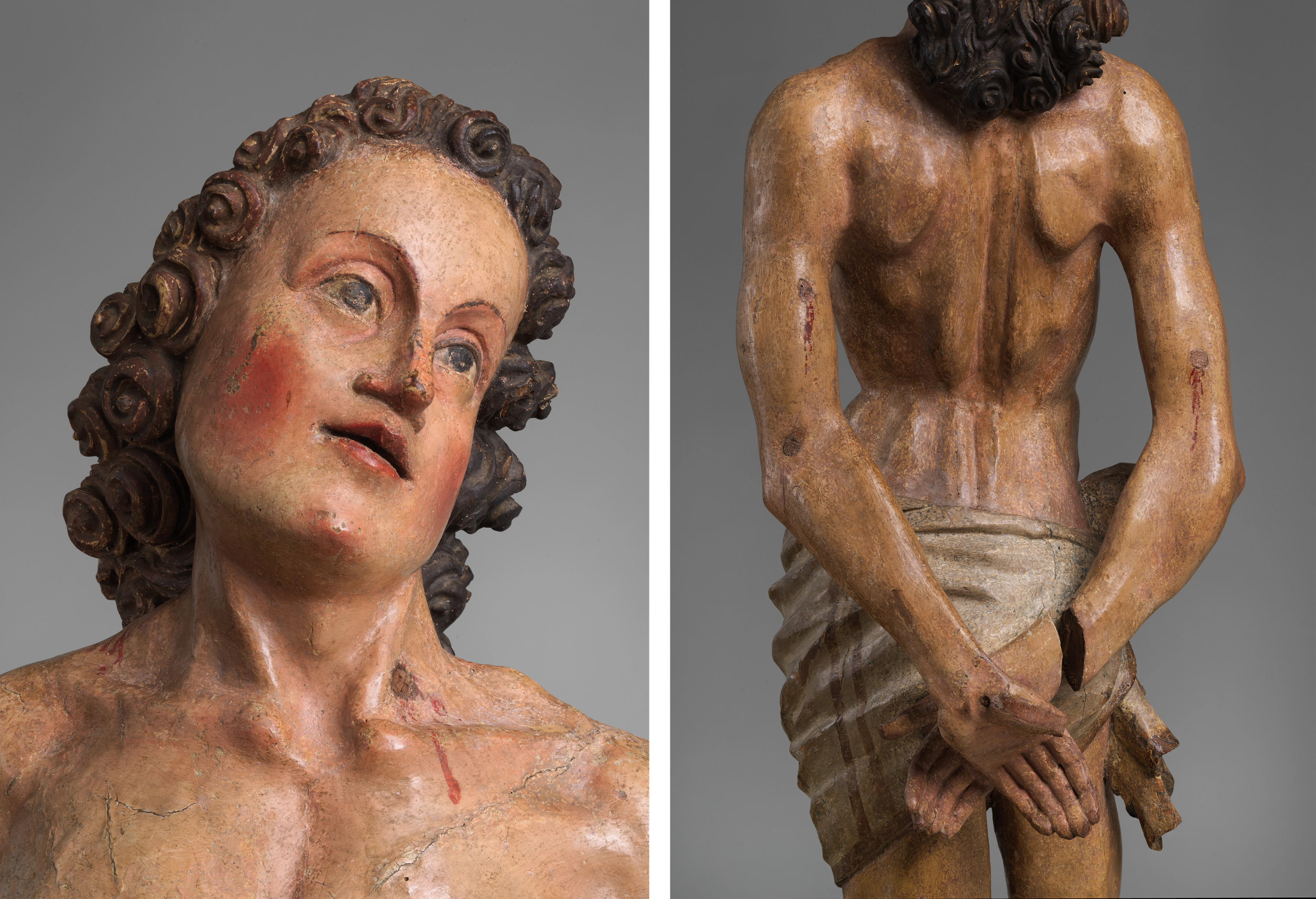 Front and back views of a painted sculpture showing a rouged, tender face with curled hair, and a torso with arms bound behind the body.