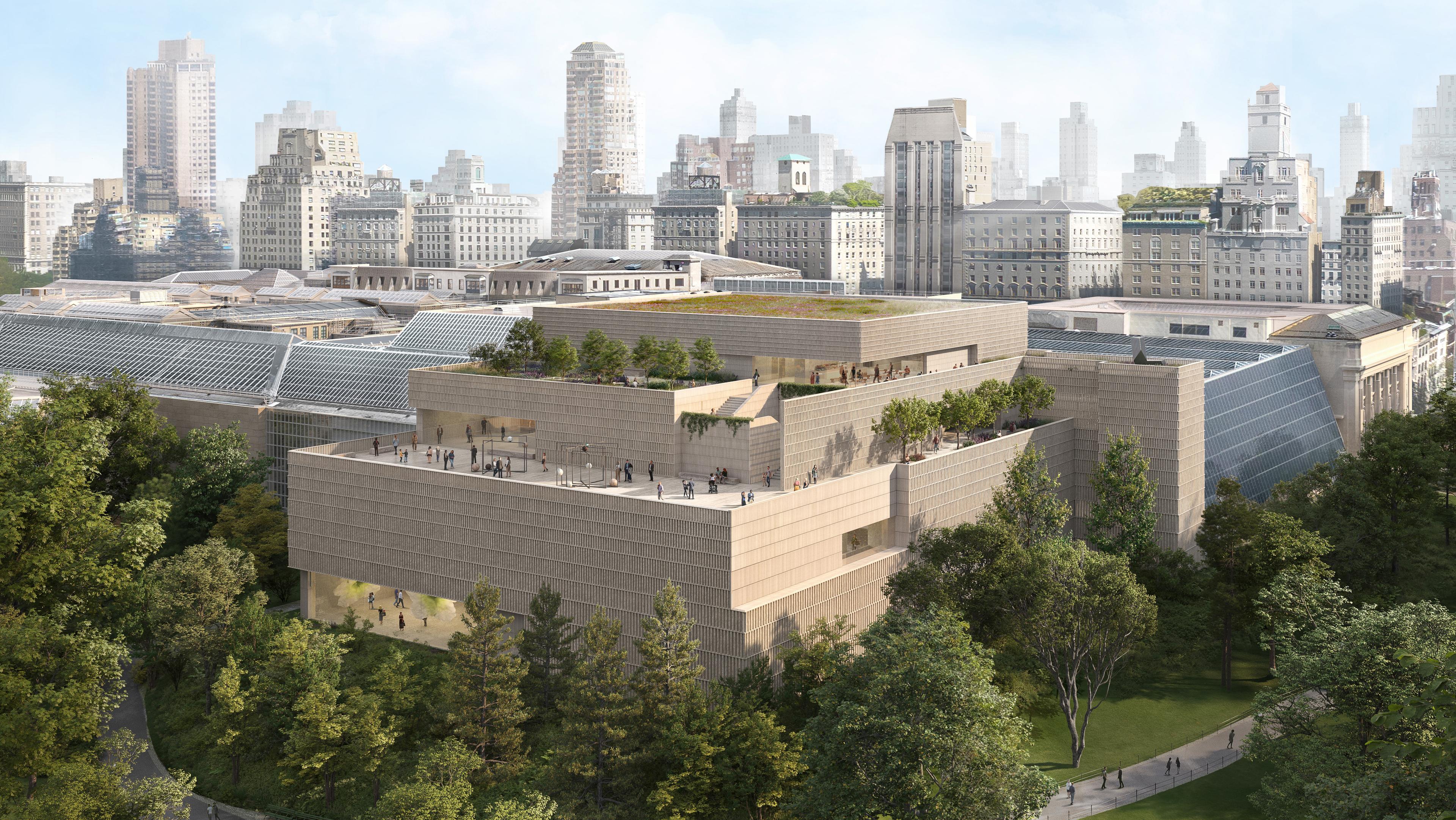 The Tang Wing multi-tiered building with rooftop greenery, surrounded by trees, set against a cityscape of tall buildings.