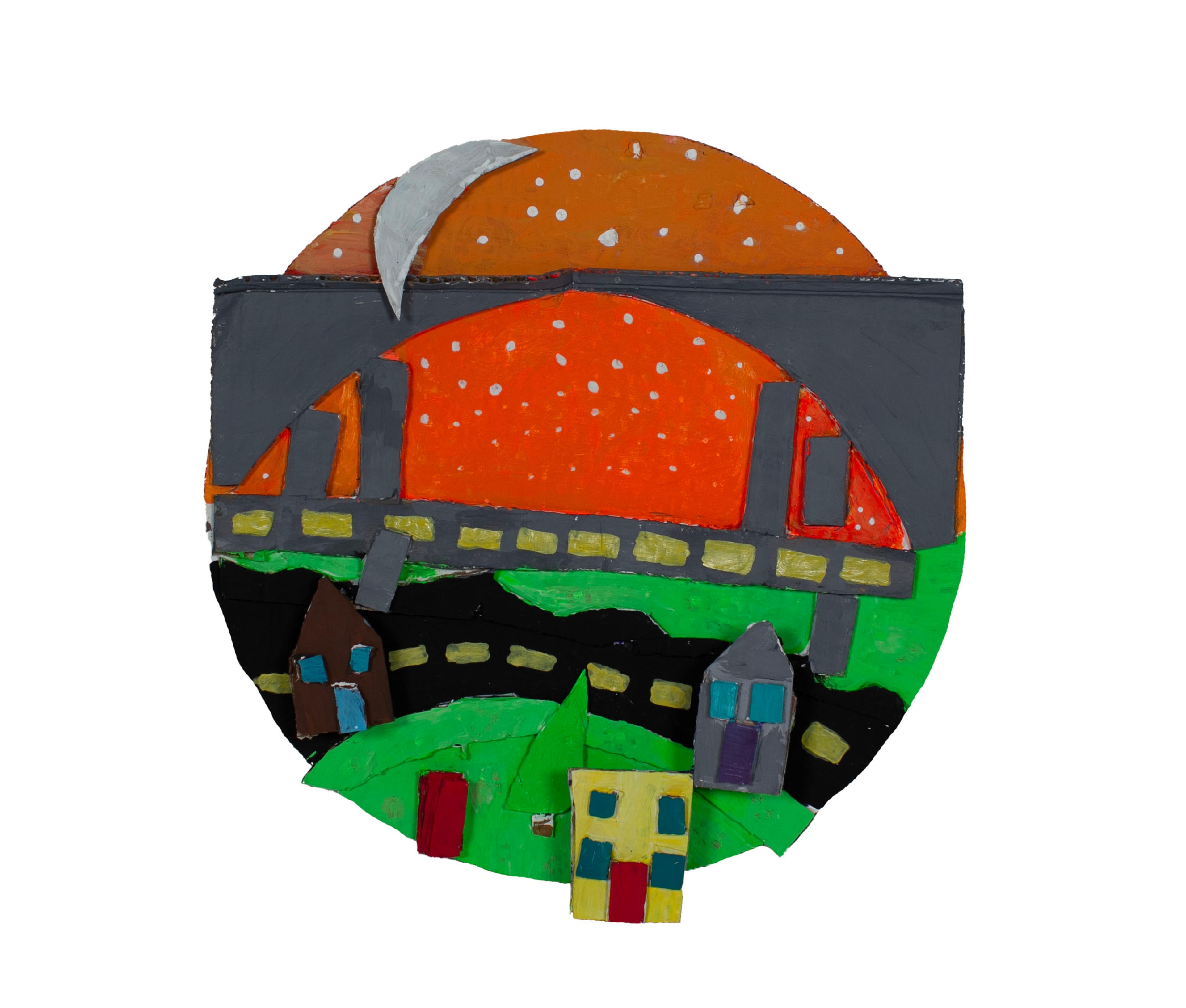 Circular-shaped paper sculpture of a starry red sky with white stars and a crescent moon at top left. A gray arch bridge spans the red sky. Below the bridge is a gray road with a yellow dashed lane divider. Beneath the gray road is a narrow strip of green grass atop a black curved road with a yellow dashed lane divider. Green grass, a green cone-shaped tree, and a yellow building and gray building appear at the bottom of the sculpture.