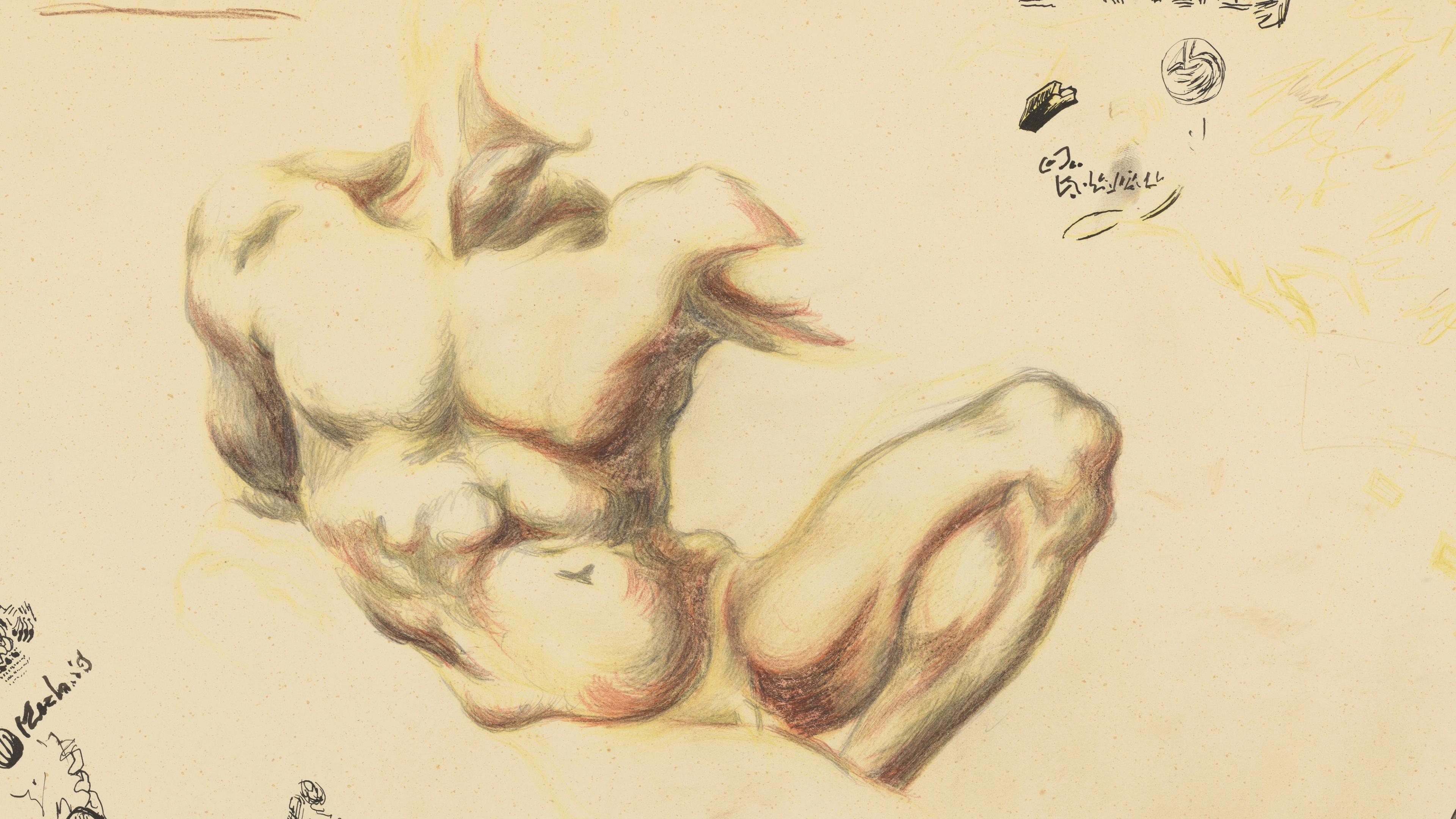 Sketch of a male torso on cream colored paper with various line drawings in black on the edges of the paper.
