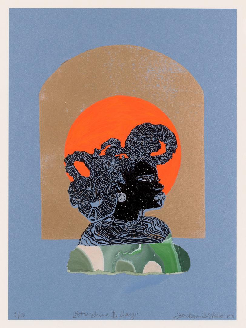 Print of the profile of a black woman with light blue outlines and sculptural twisted hair in front of a vibrant orange circle