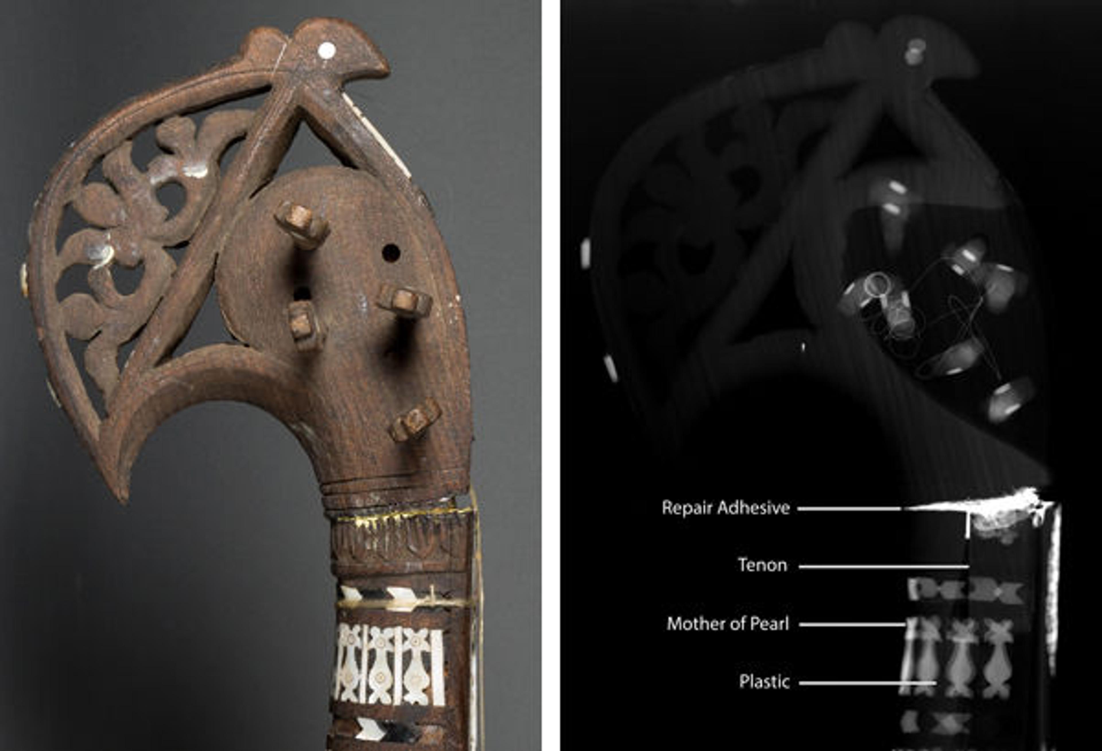 Rubāb. Afghanistan, early 20th century. Detail of neck (left) and x-radiograph of same area (right)