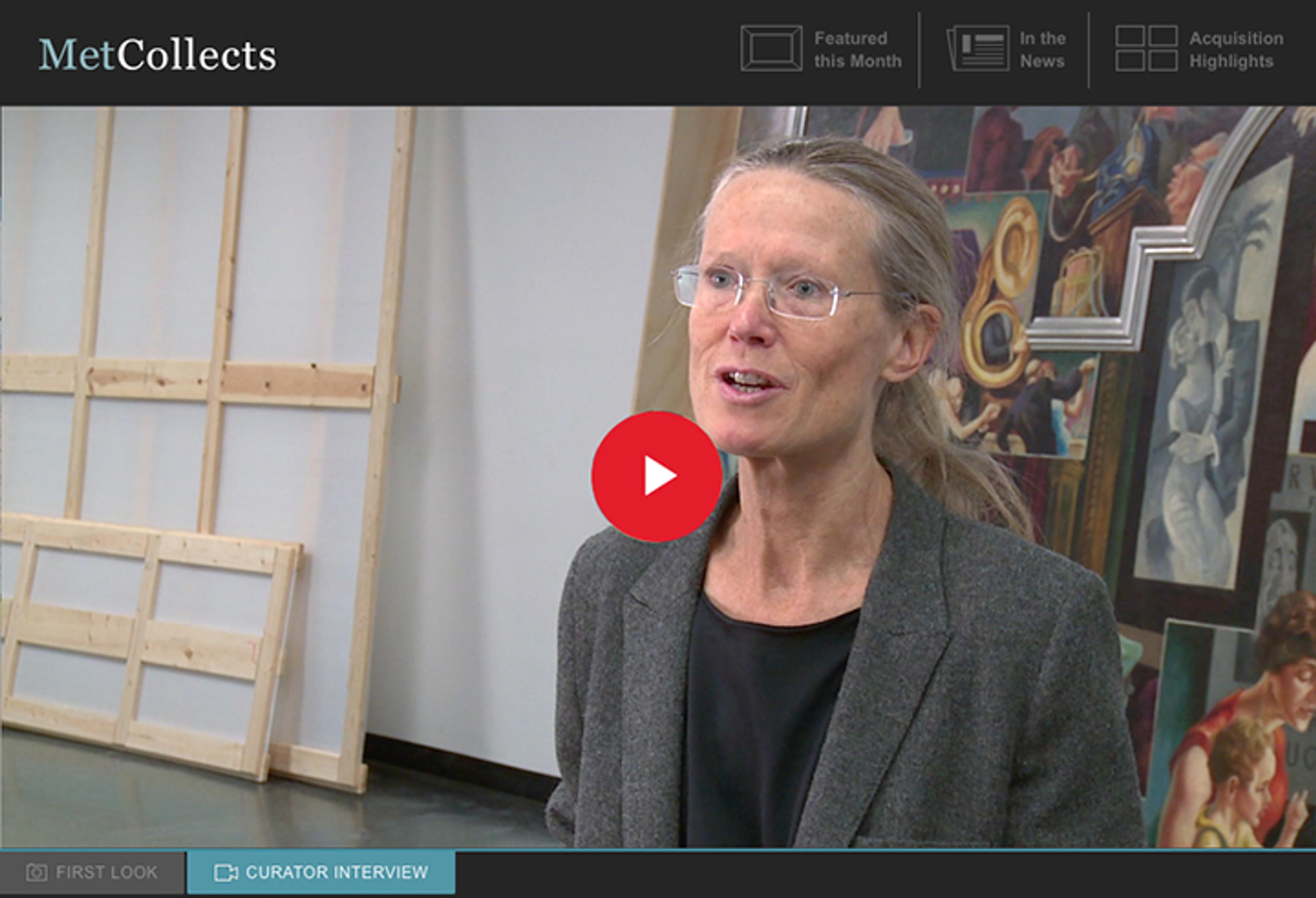 Video still of Sheena Wagstaff discussing Thomas Hart Benton's mural America Today