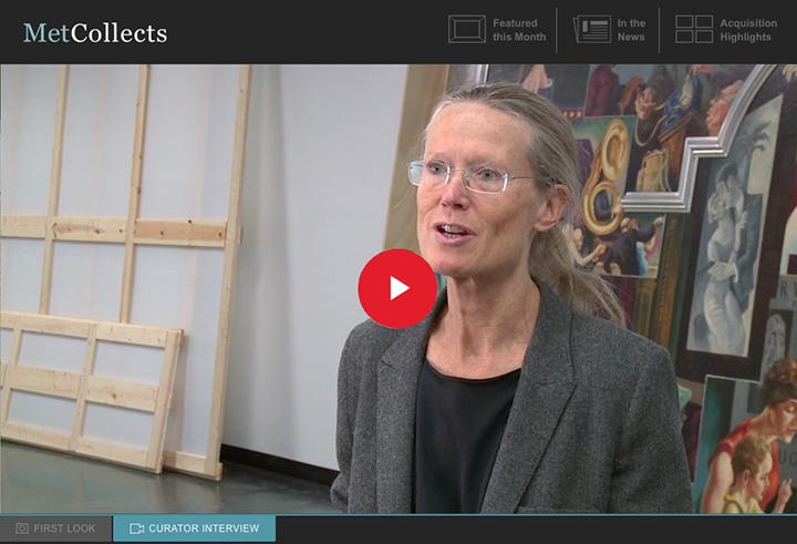 Video still of Sheena Wagstaff discussing Thomas Hart Benton's mural America Today