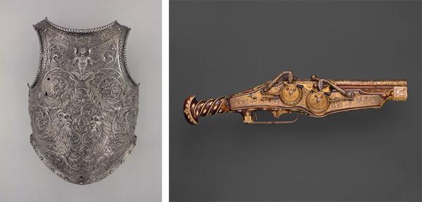 Left: Giovan Paolo Negroli (Italian, ca. 1513-1569). Breastplate, ca. 1540-45 | Right: Peter Peck (German, ca. 1500/1510-1596). Double-barreled wheellock pistol of Emperor Charles V