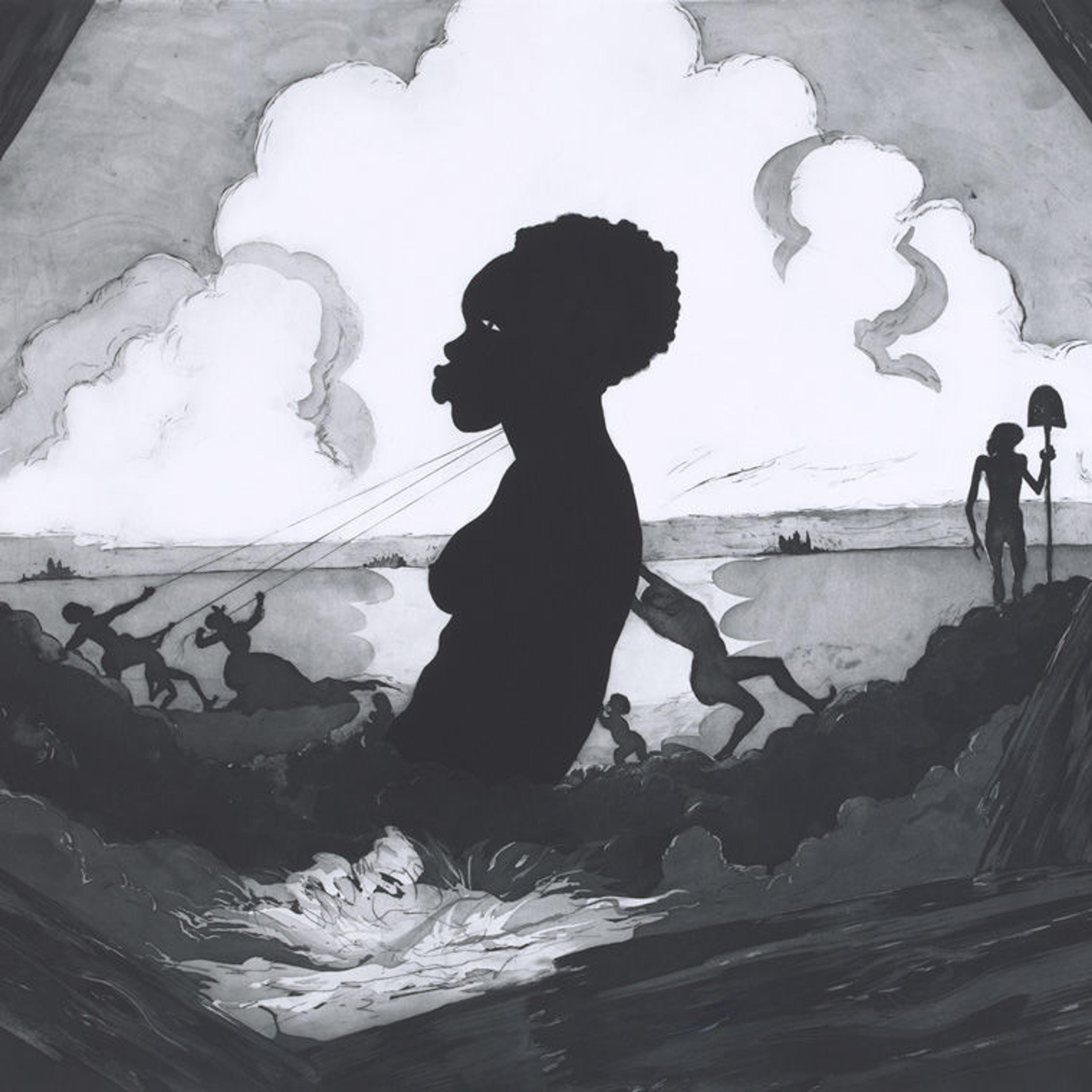 Detail view of the center panel of a paper triptych by Kara Walker showing the erection of a large statue of a woman