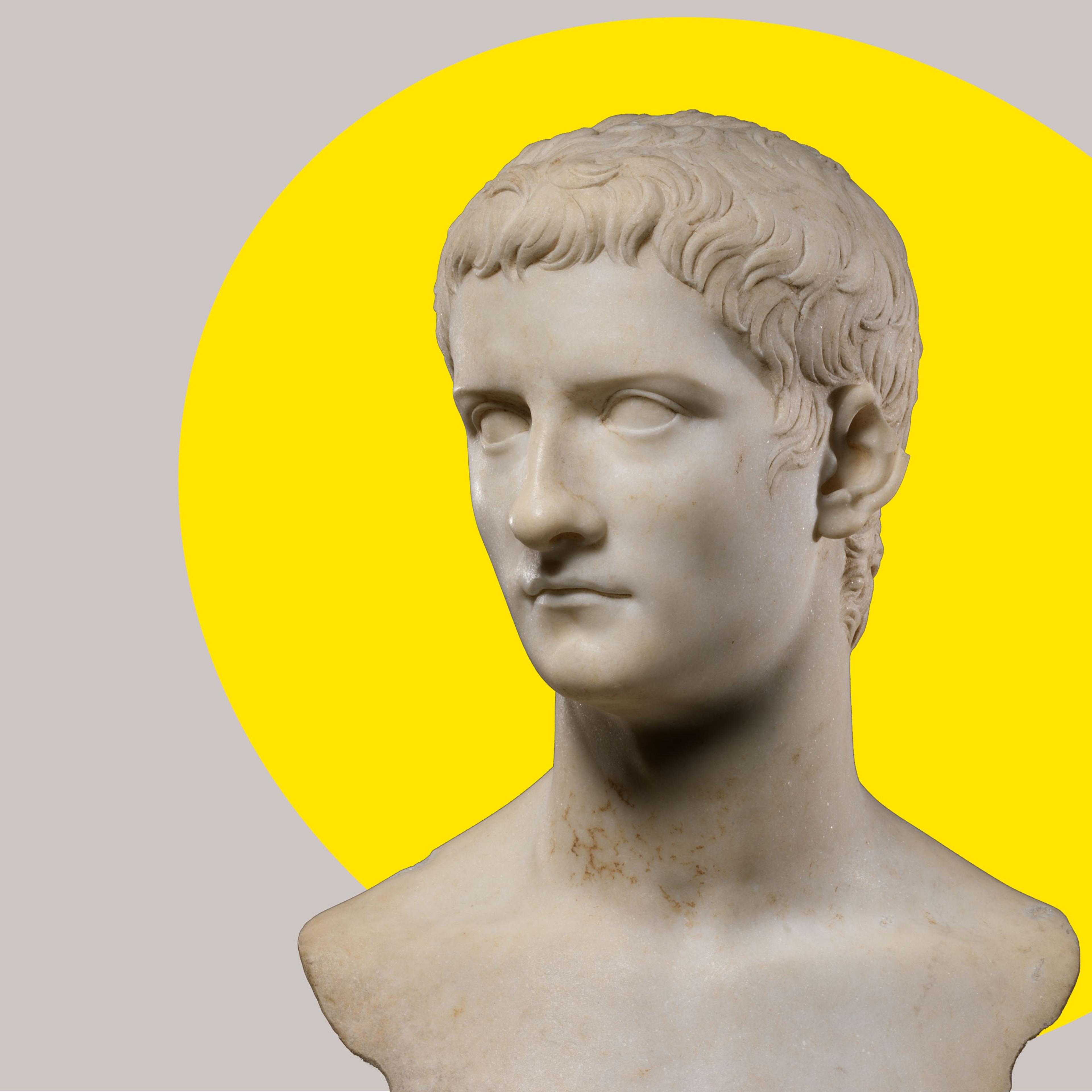 Marble portrait bust of Caligula, with a bright yellow ovular spotlight shape behind the figure in the background