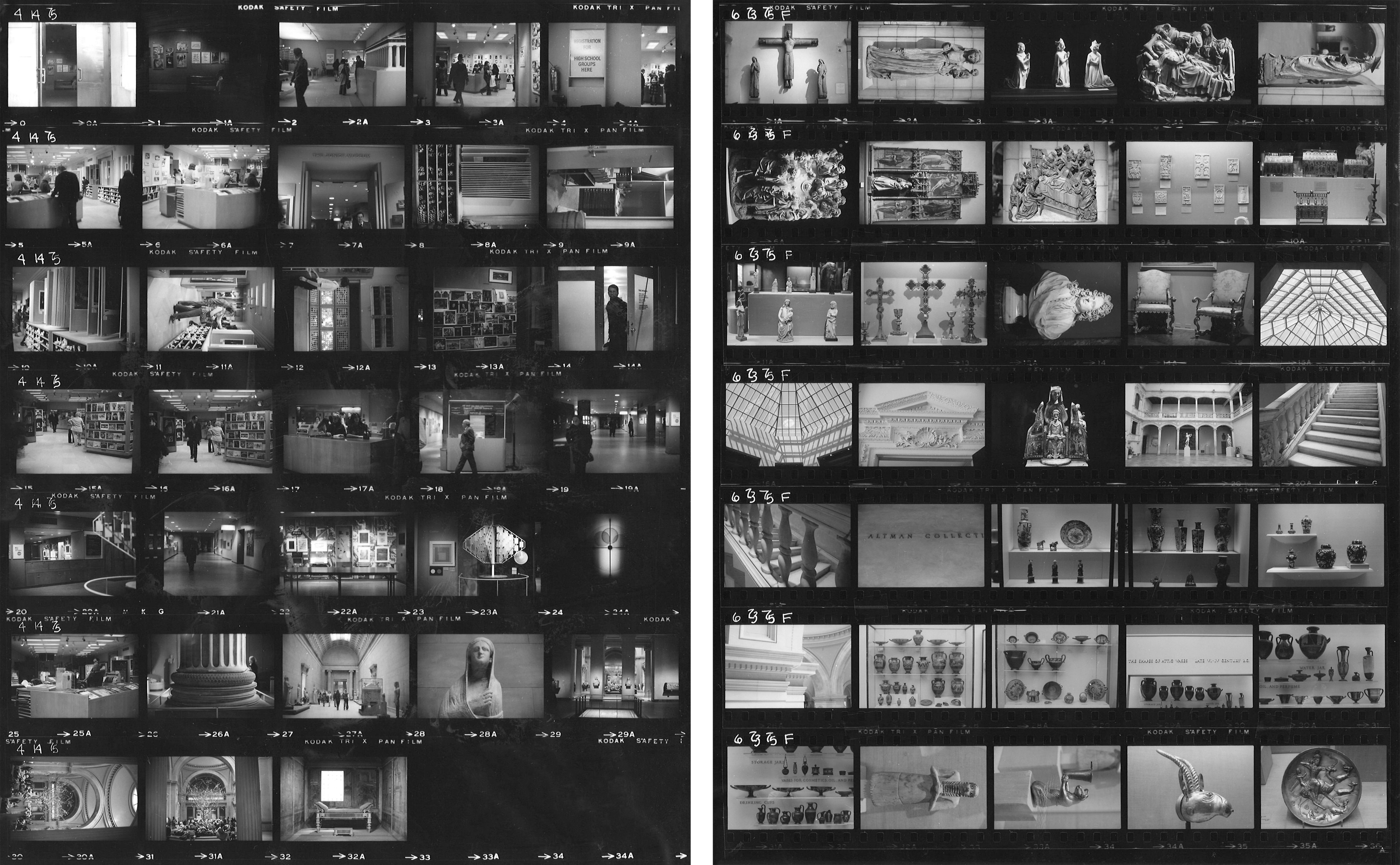 Two black-and-white photo sheets showing pictures taken of objects and spaces around The Met