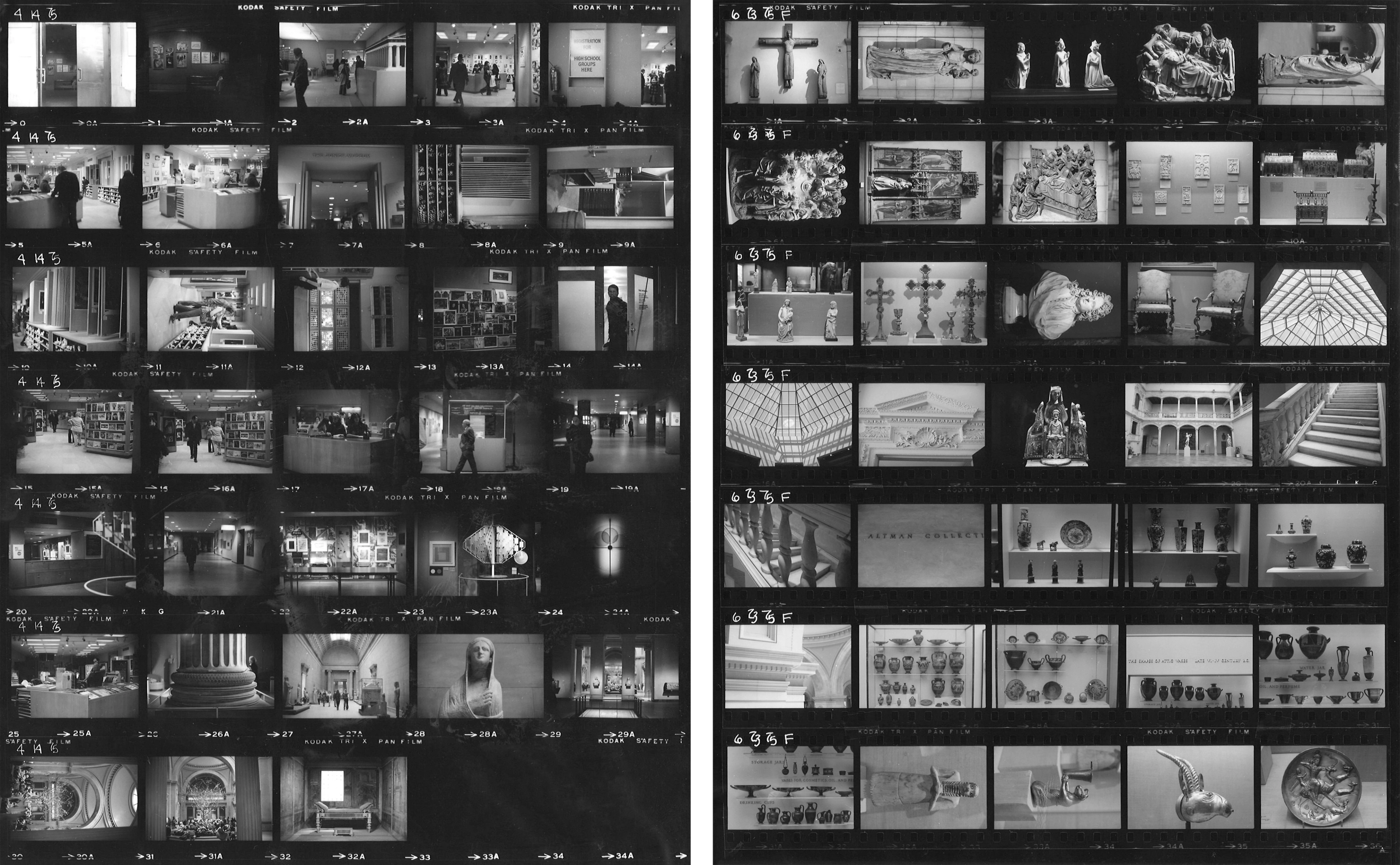 Two black-and-white photo sheets showing pictures taken of objects and spaces around The Met