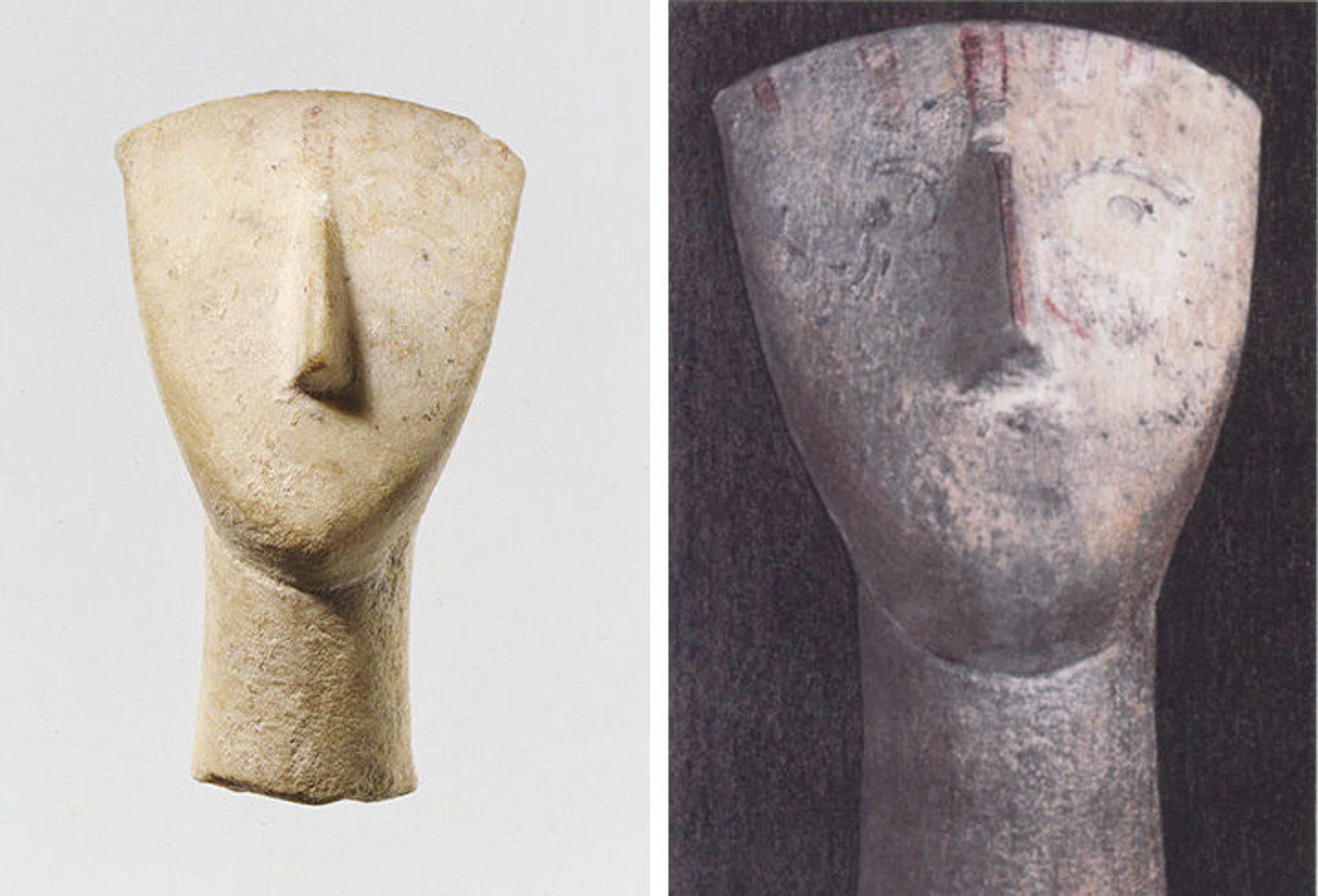 A marble Cycladic head and the same head reconstructed with red traces