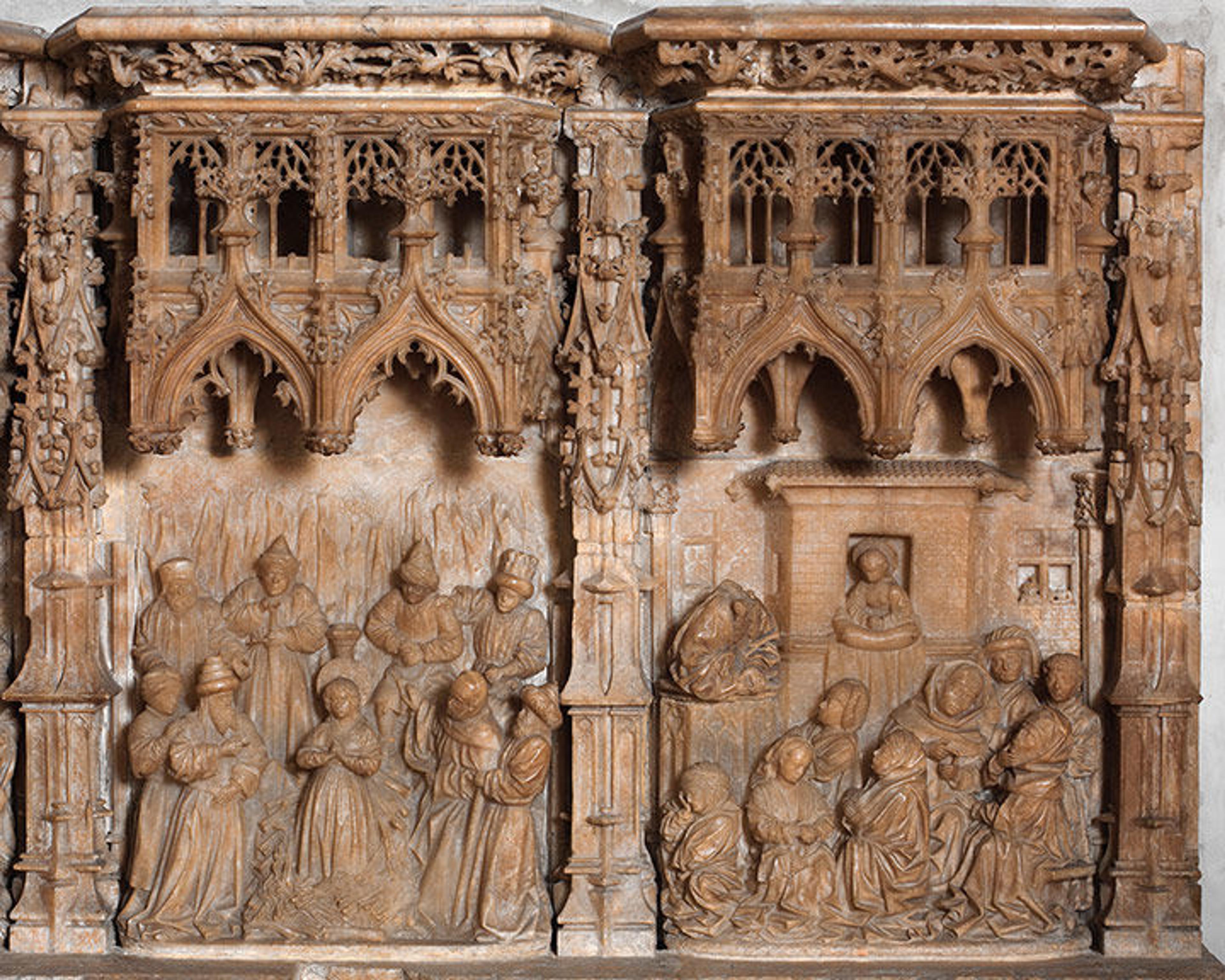A detail of an alabaster alterpiece from the archbishop's chapel at Saragossa, depicting two scenes of Saint Thecla