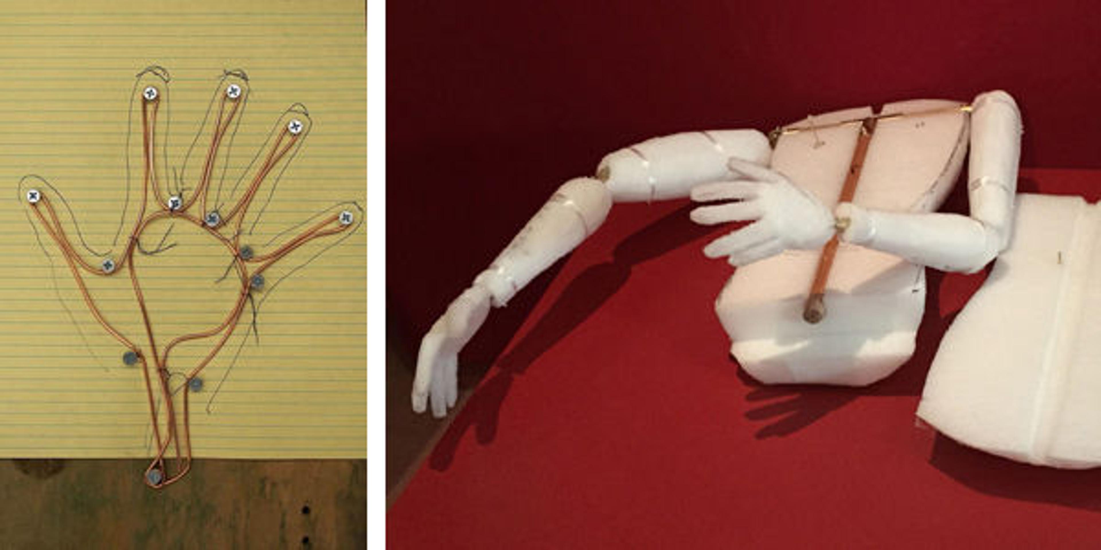 The mannequin's hands during construction (left) and covered in ethofoam (right). Photos courtesy of Matthew Cumbie