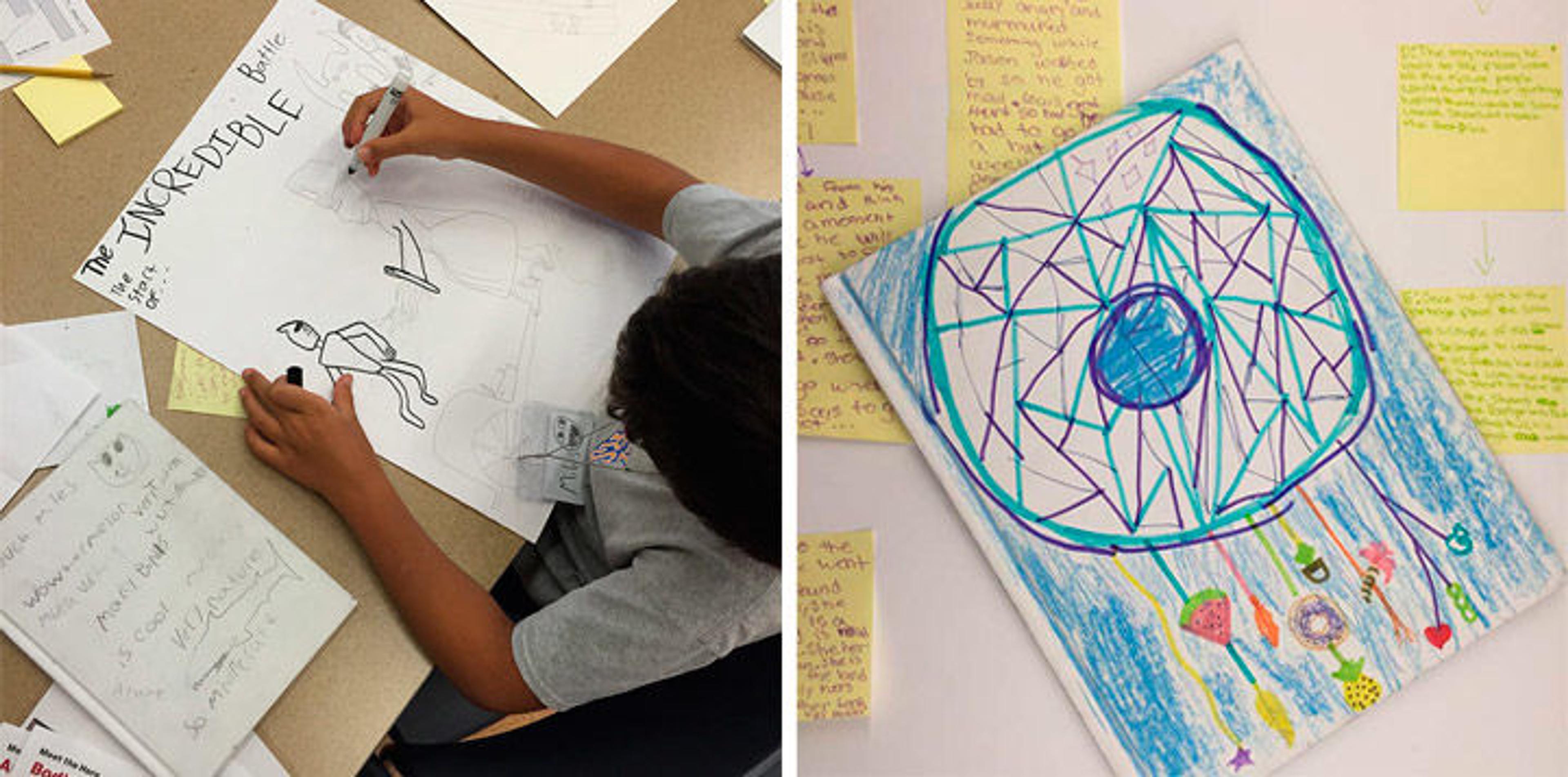 Left: a kid sketching. Right: a book cover.