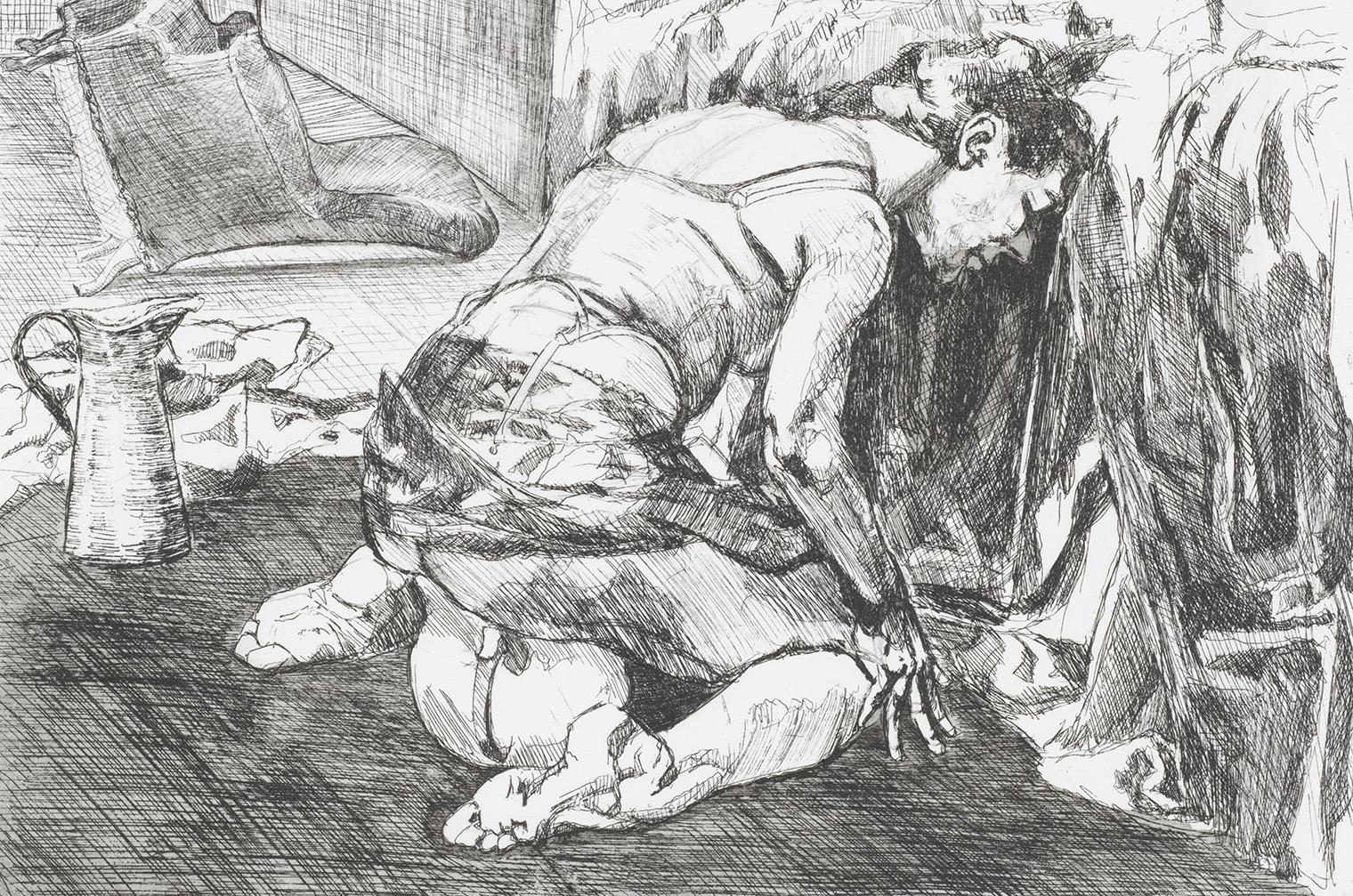 Woman in distress sitting on the floor with her bottom over a pot.