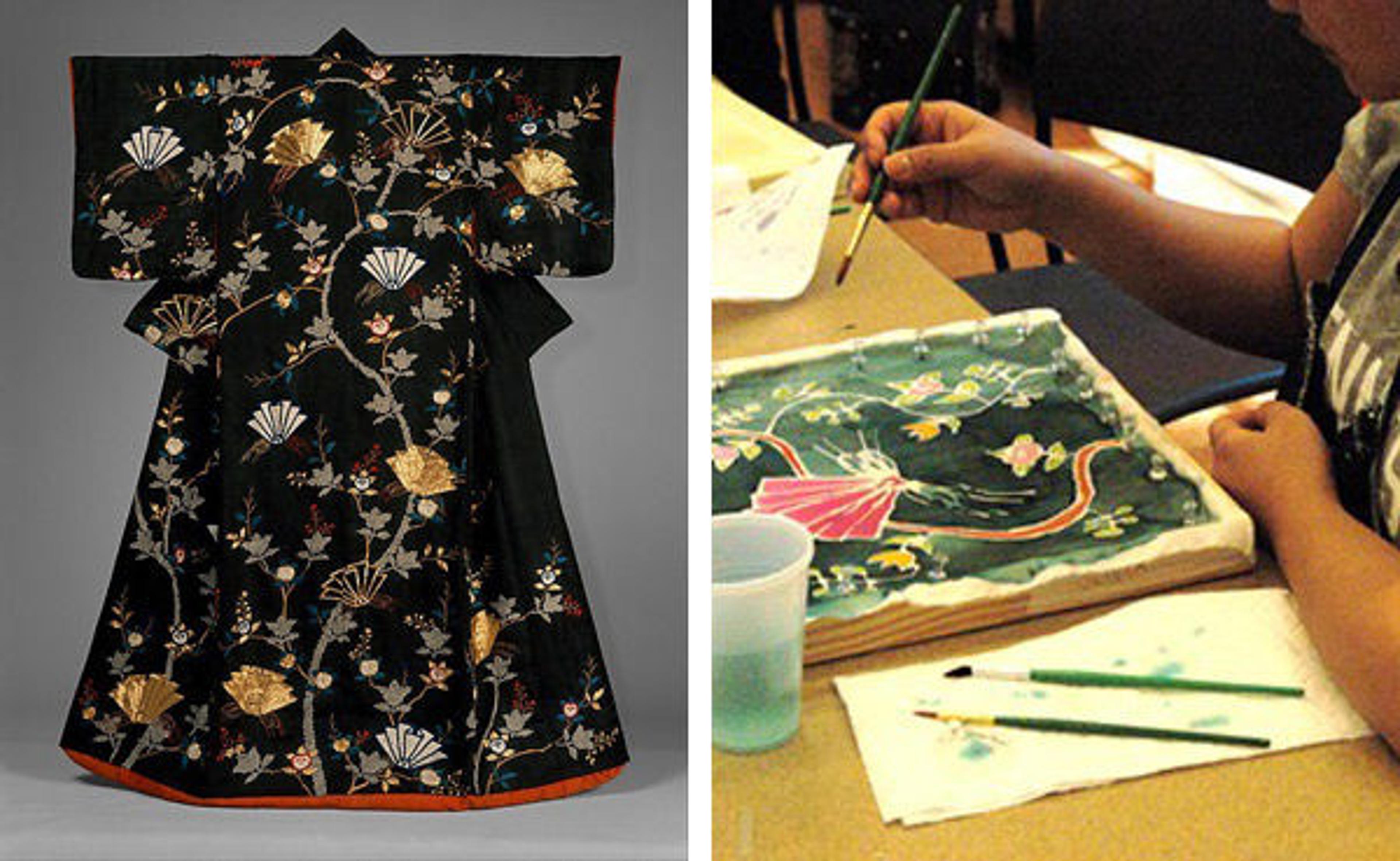 Left: Outer Robe (Uchikake) with Mandarin Oranges and Folded-Paper Butterflies, late 18th–early 19th century | Japan, Edo Period (1615–1868) | 1976.108 | Right: A student explores butterfly motifs during the Silk Painting: Kimono-Inspired Designs Studio Workshop. 