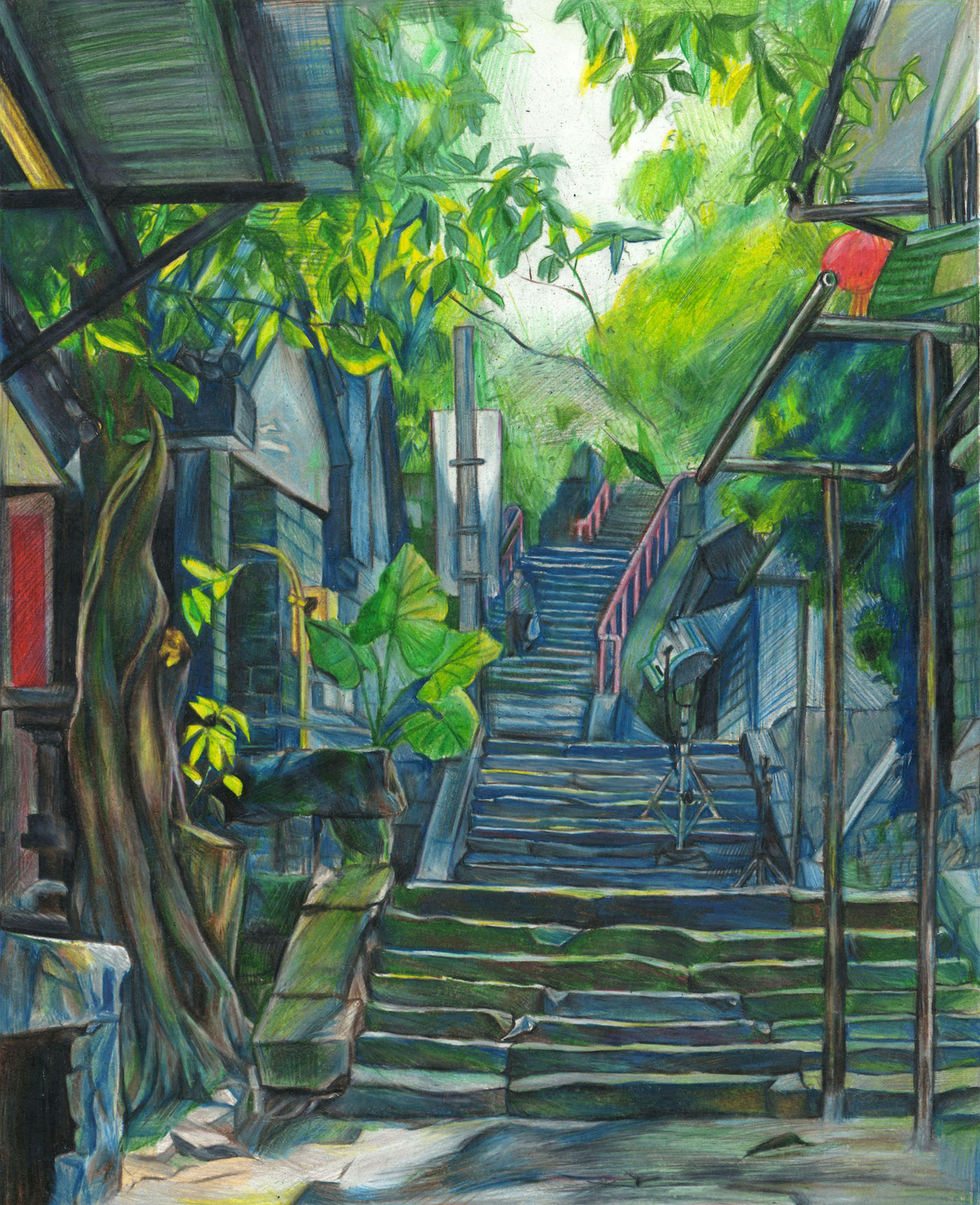 Colored pencil on Bristol paper illustration of a multi- tiered set of concrete staircases ascending at slightly different angles from the foreground to the distant top rear of the image. The staircases are flanked at left by a tree on ground level and a gray concrete building further up the stairs. At right, tall poles are mounted at ground level with a gray brick wall further up the steps. Green foliage acts as a canopy above the staircases at left and right. A pale glow of light emerges between the foliage at the top of the illustration.