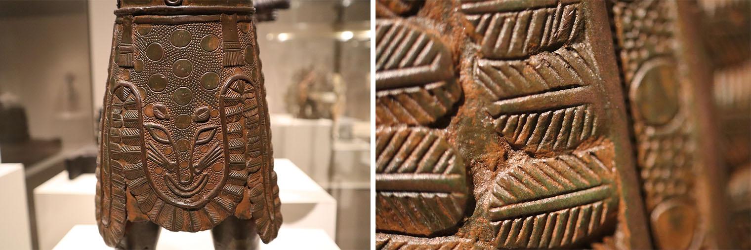 Two detailed images depicting the elaborate details on the skirt of the Horn Player, a Benin bronze.