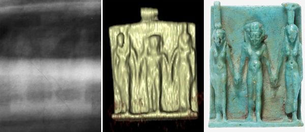 1995 X-ray that shows a triad amulet (left); volumetric rendering of the same amulet (center); photograph of a similar triad amulet (right)