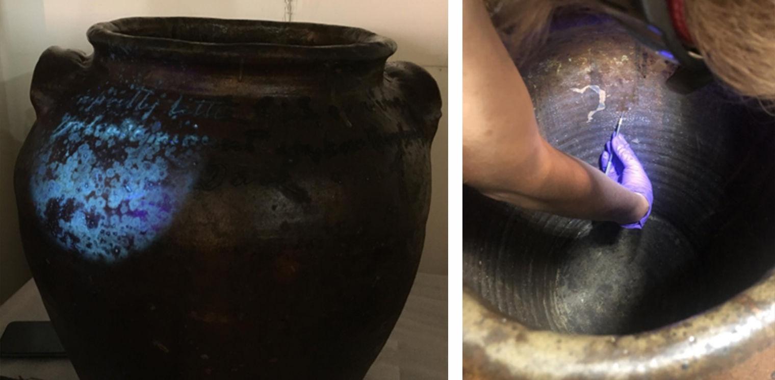 Composition image: on the left UV light on a jar made by Dave (later known as David Drake), and on the right Adriana Rizzo scrapping the inside of the jar.