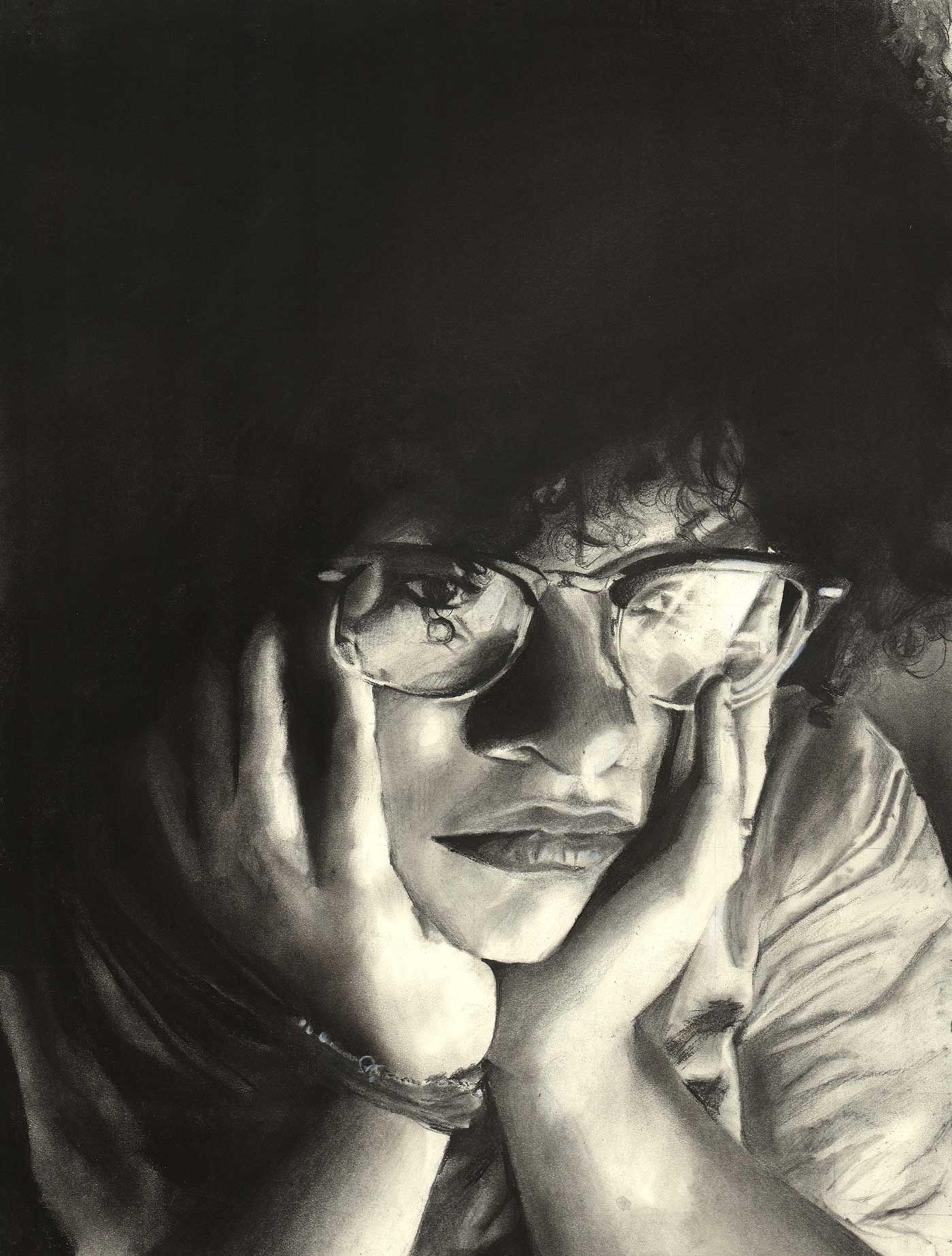 Realistic drawing of a sad young woman wearing glasses.
