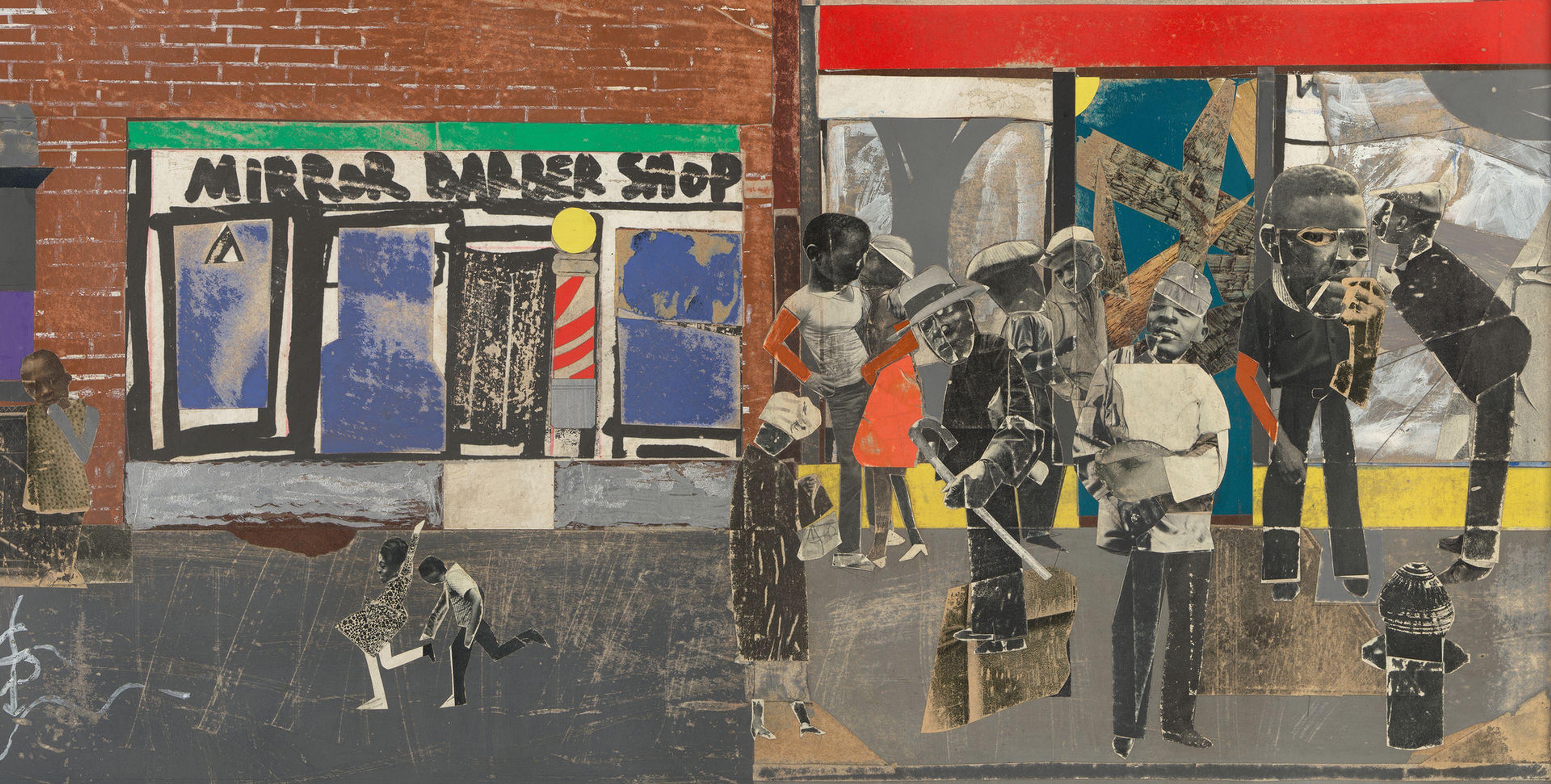 collage of a harlem block with two buildings. A jazz band plays and children also play on the street. 