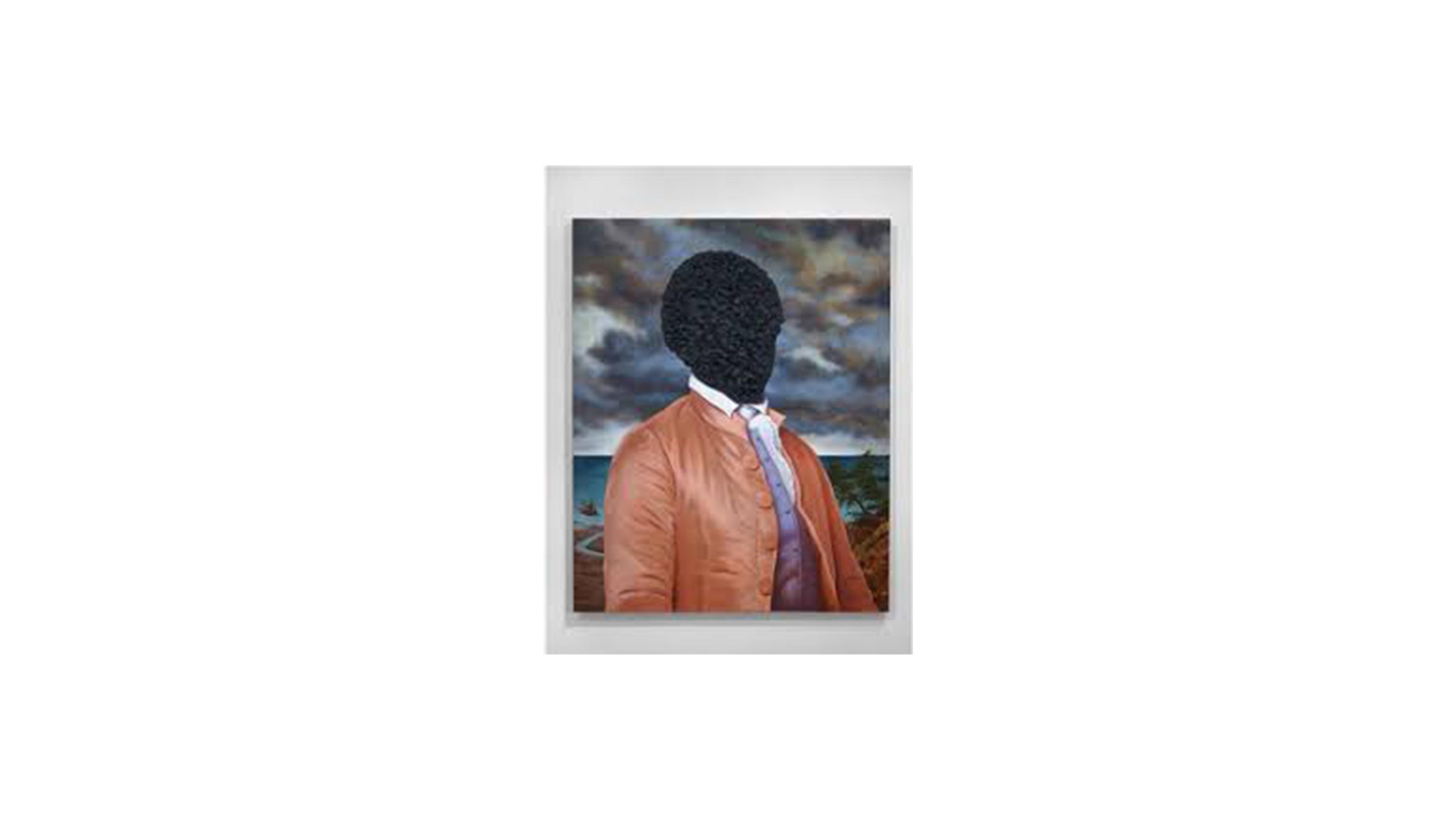 Painting of a Black man with an obscured face in American colonial dress in front of a stormy sea