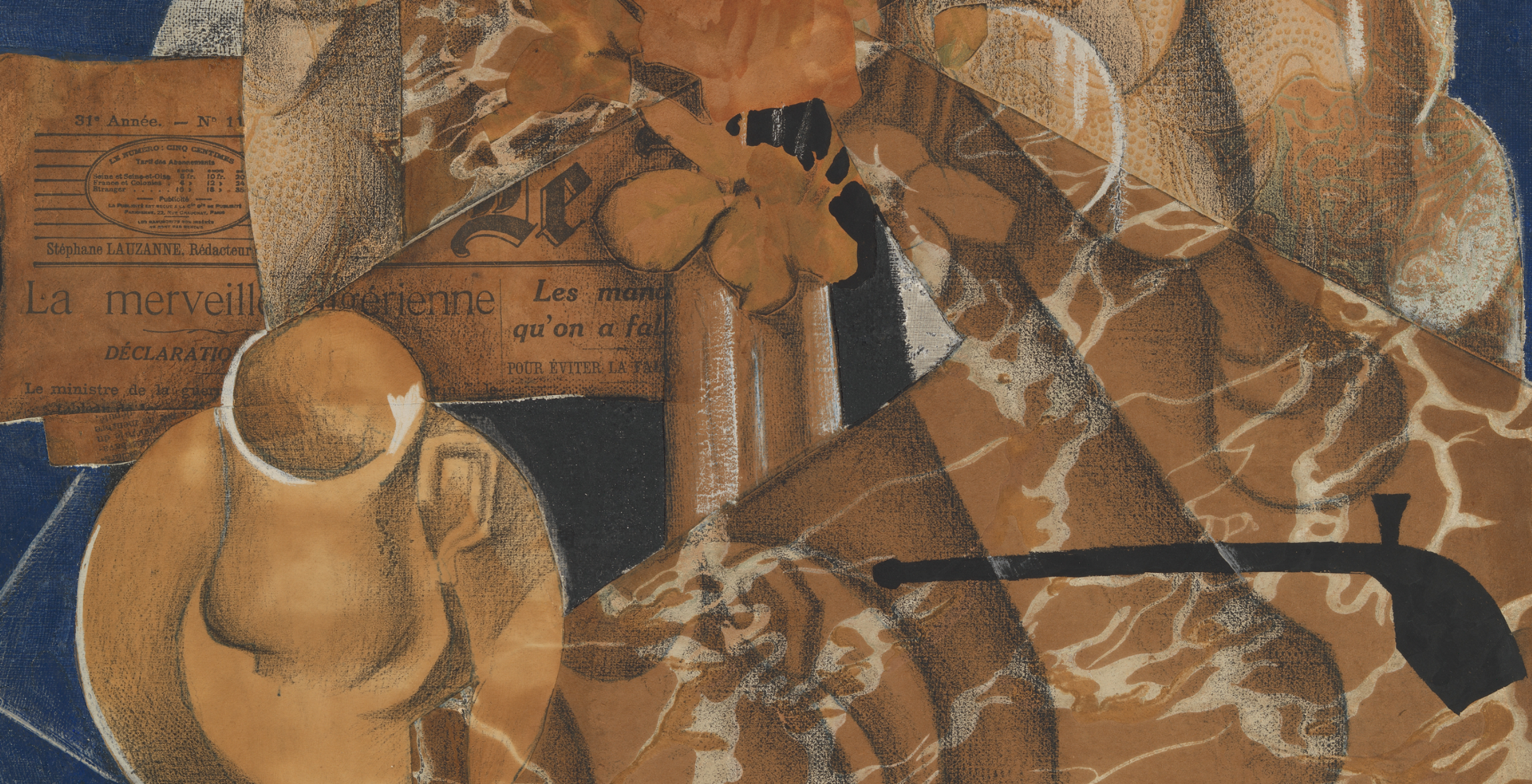 Painting on a midnight blue background with a pipe, bouquet of flowers, wine, and faux marble wallpaper