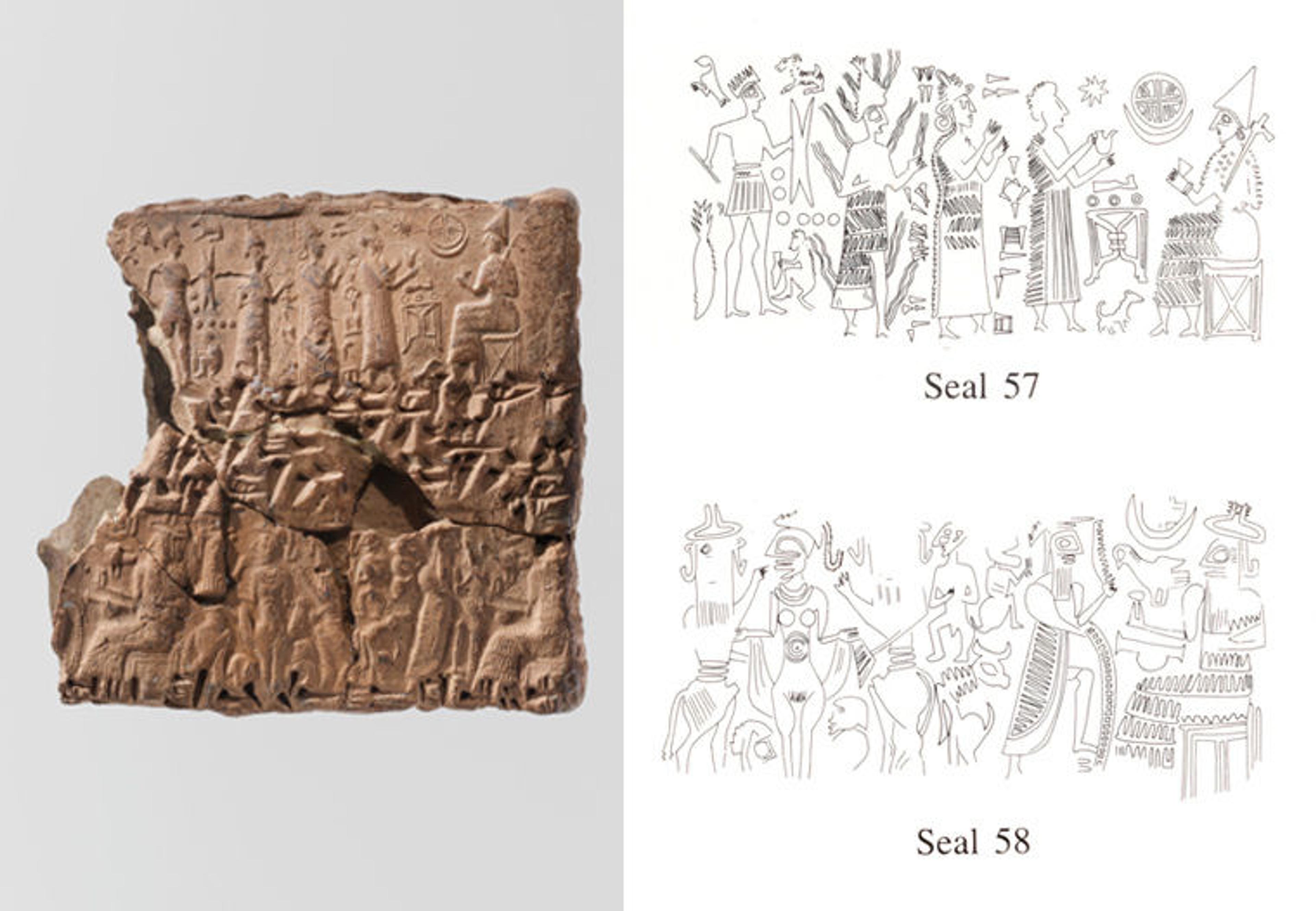 A clay envelope on the left and two line drawings of the impressed seal stacked on the right.