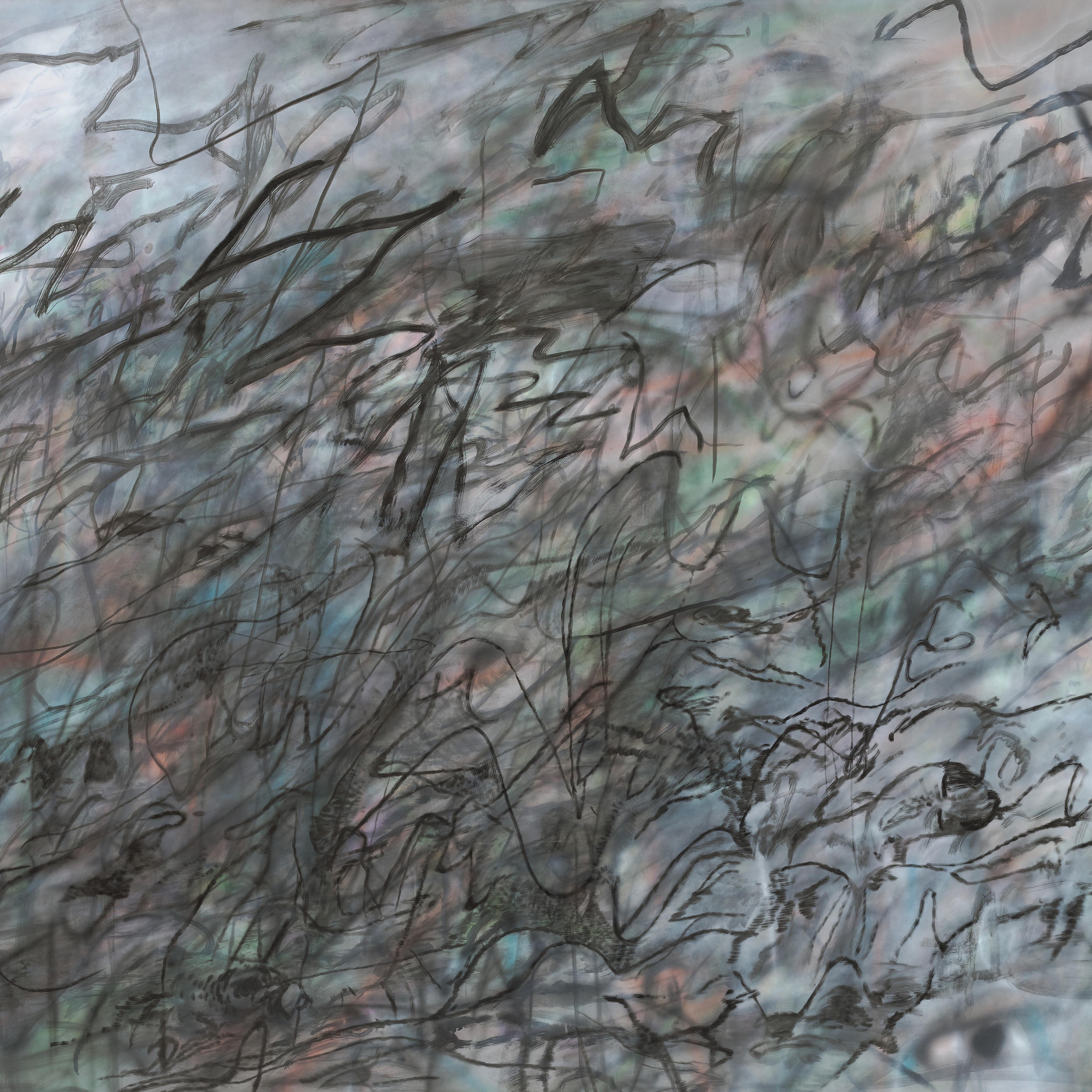 Blue, pink green inc scattered, with black inc scribbled across in different forms and patterns