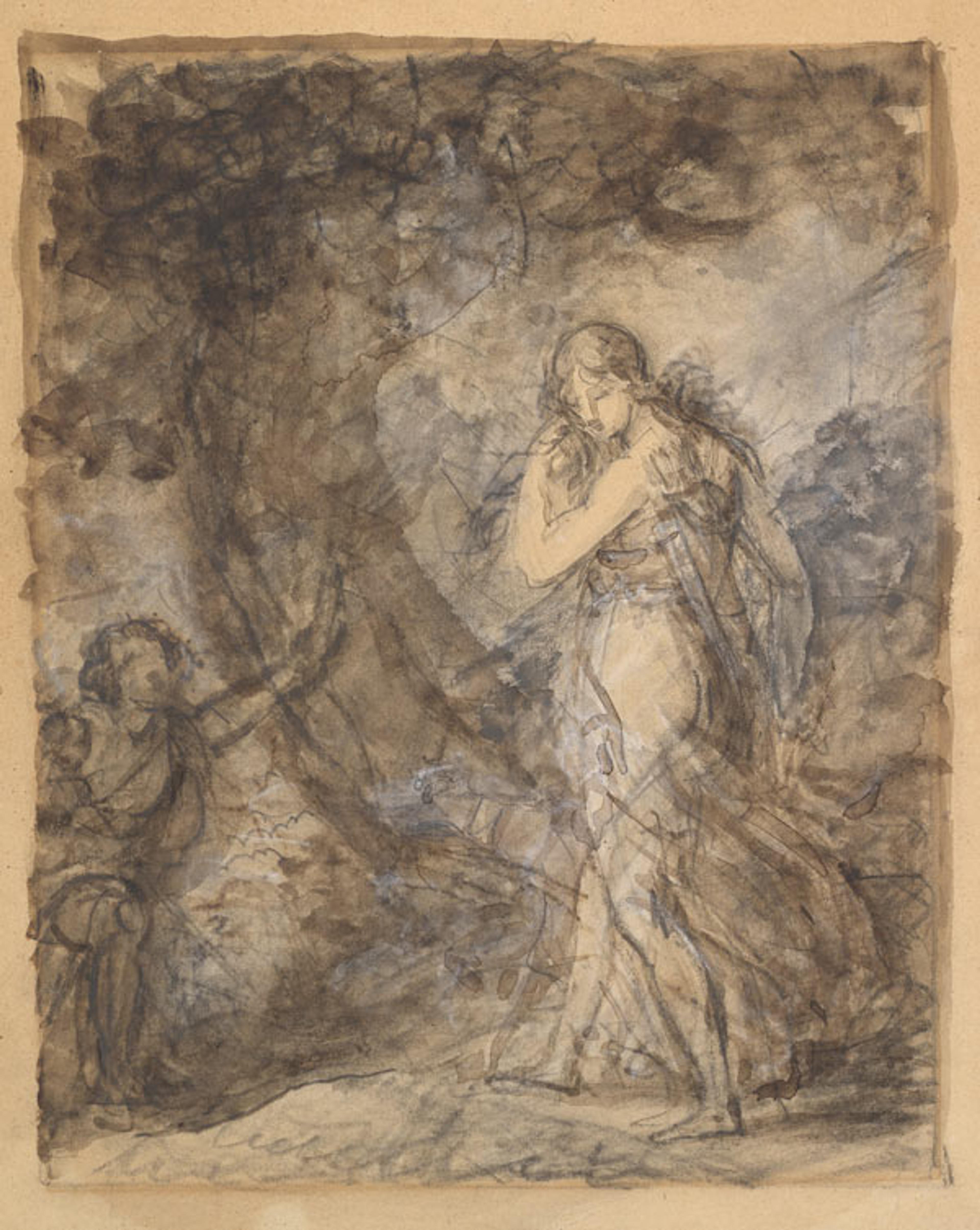 Baron François Gérard (French, 1770–1837). Daphnis Running toward Chloe, ca. 1798. Black chalk, brush with brown and gray wash, heightened with white gouache, on light tan wove paper; Sheet: 10 13/16 x 8 15/16 in. (27.5 x 22.7 cm). The Metropolitan Museum of Art, New York, Purchase, Guy Wildenstein Gift, 2012 (2012.234)