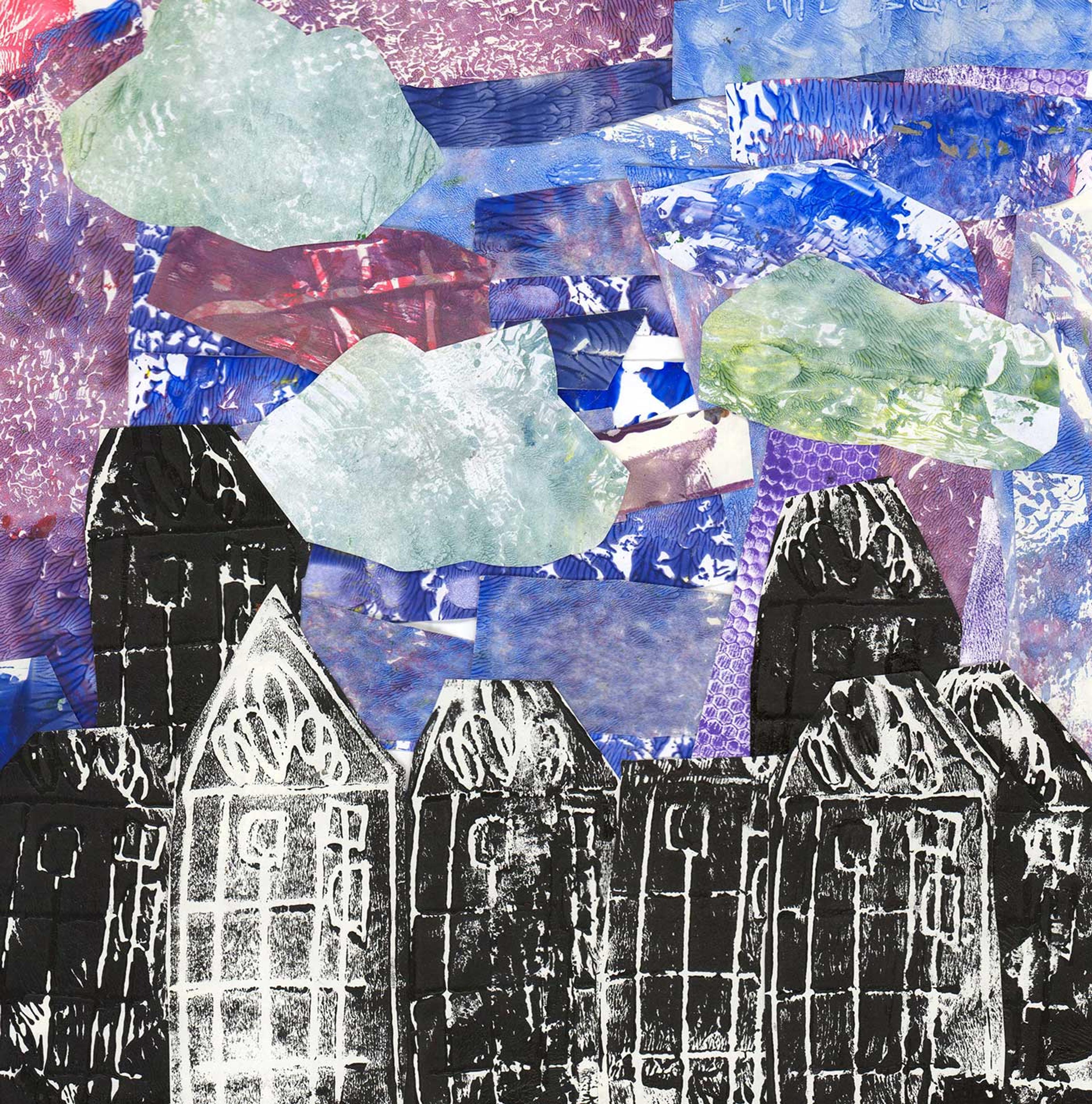 Collage of black buildings against a blue and purple background.