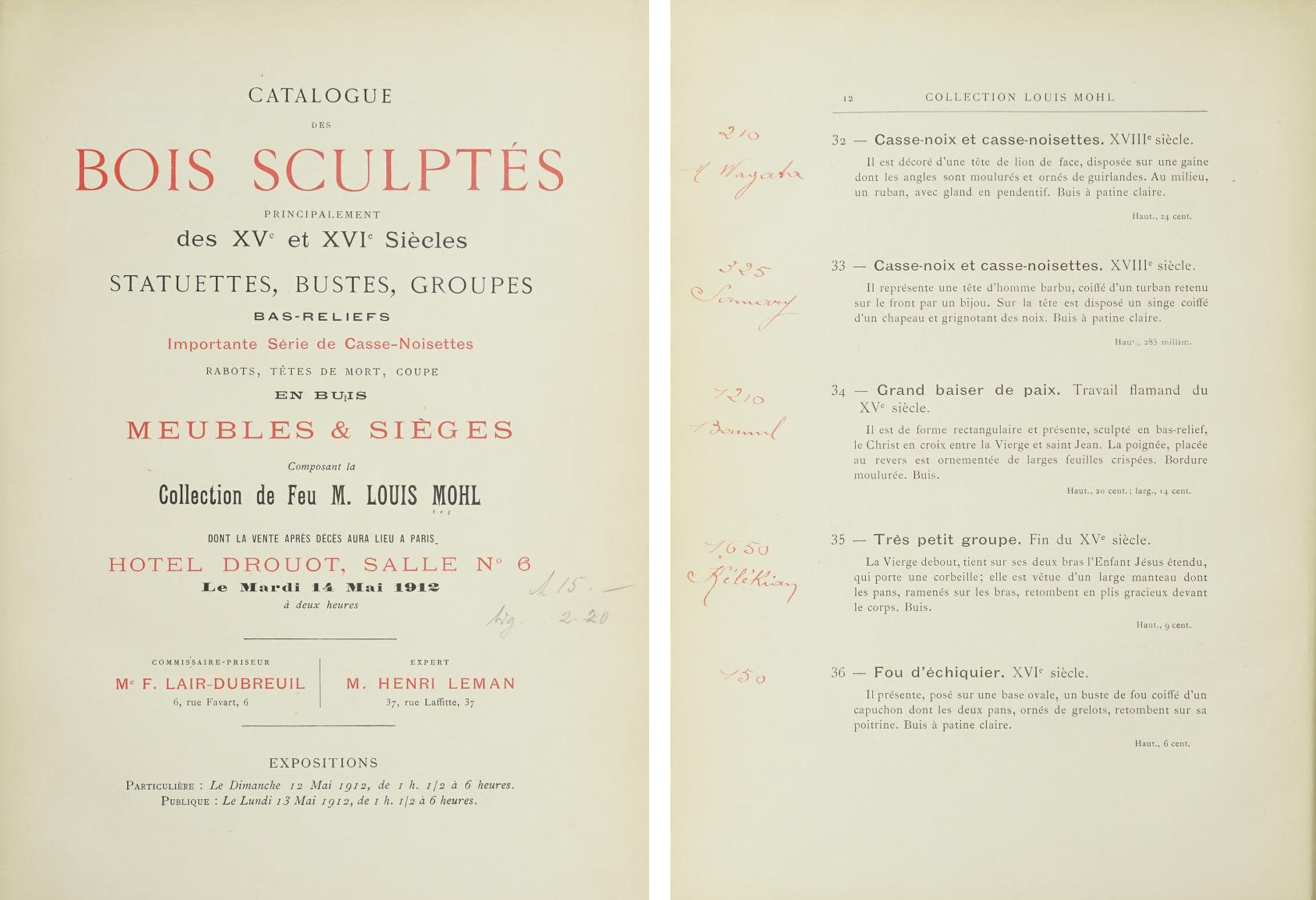 Diptych of cover and single page from a 1912 auction catalog