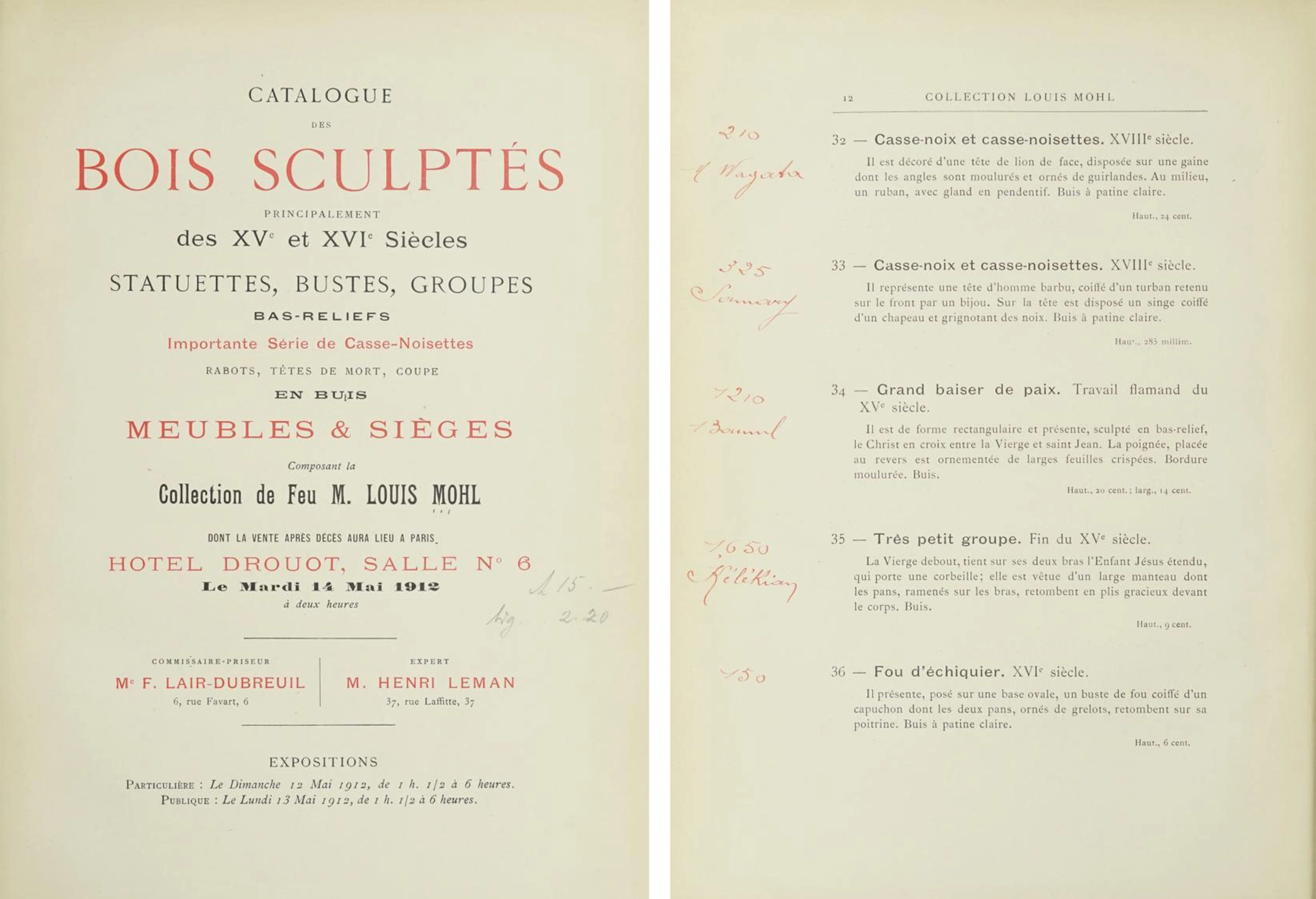 Diptych of cover and single page from a 1912 auction catalog